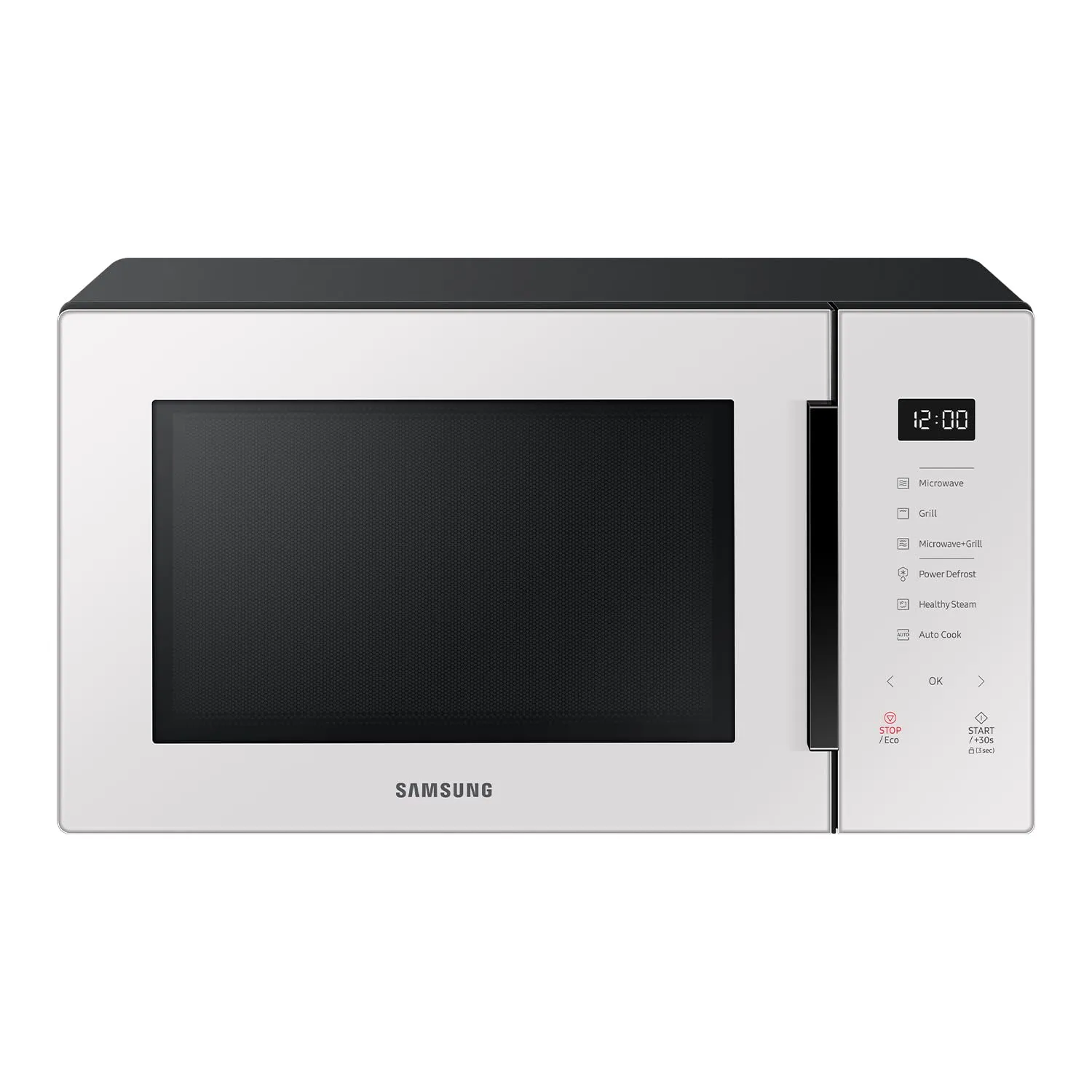 Samsung Forno a Microonde Glass Design Cottura Sana, MG30T5018UE, Vapore, Cottura Automatica, Microonde + Grill 900 W + 1500 W, 30 L, LxAxP: 52 x 30 x 42,5 cm, Porcellana