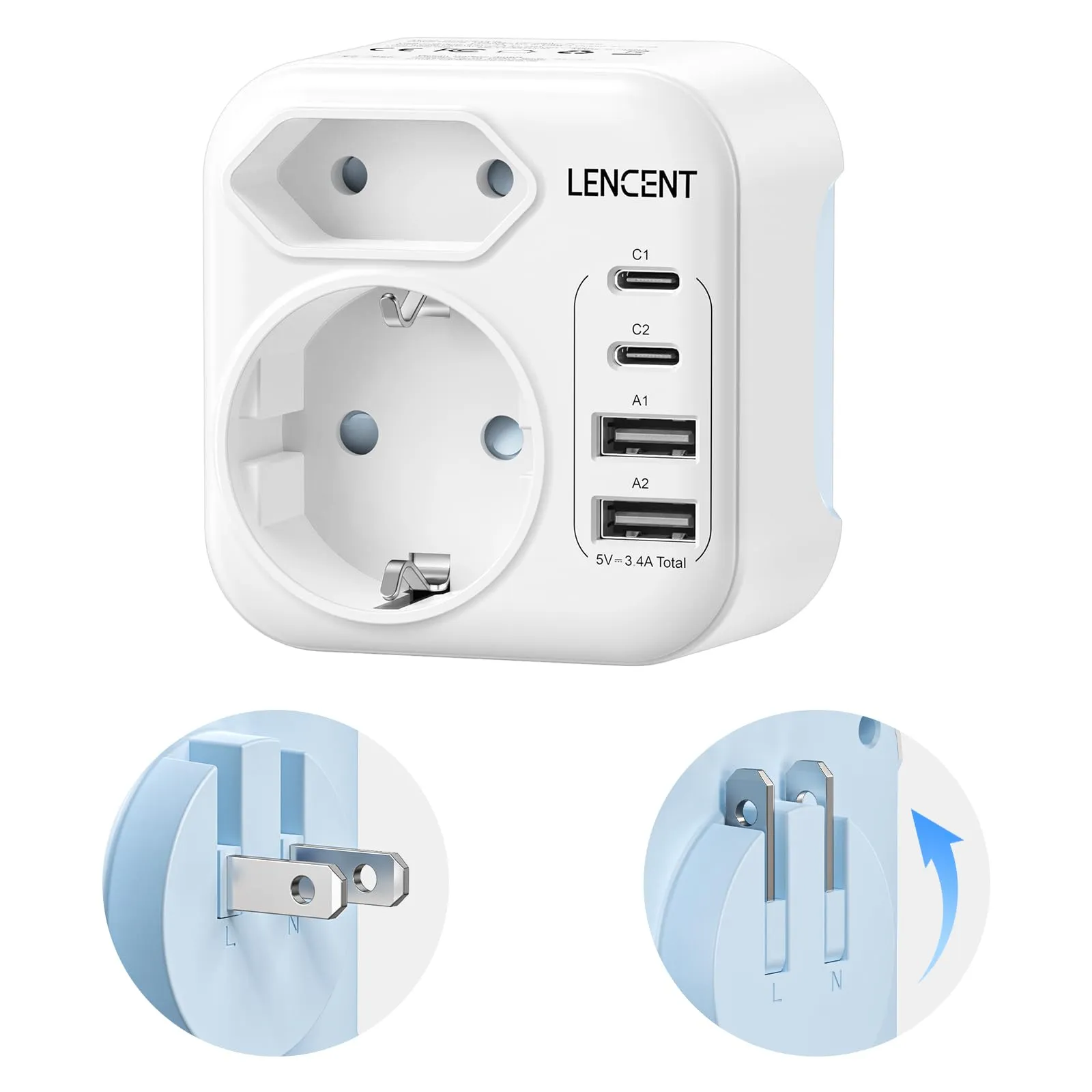 LENCENT Adattatore Presa Giappone da Viaggio, Adattatore EU a Giappone, Spina Pieghevole con Caricatore USB, Adattatore Spina Tipo A per Stati Uniti, Giappone, Canada, Messico, Thailandia