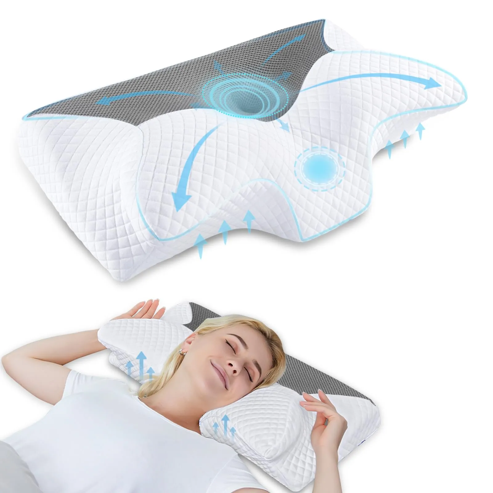 HOMCA Cuscino Cervicale Ergonomico Cuscino Memory Foam per Supporto Cuscino Ortopedico per Dormire sul Fianco e sulla Schiena, Grigio