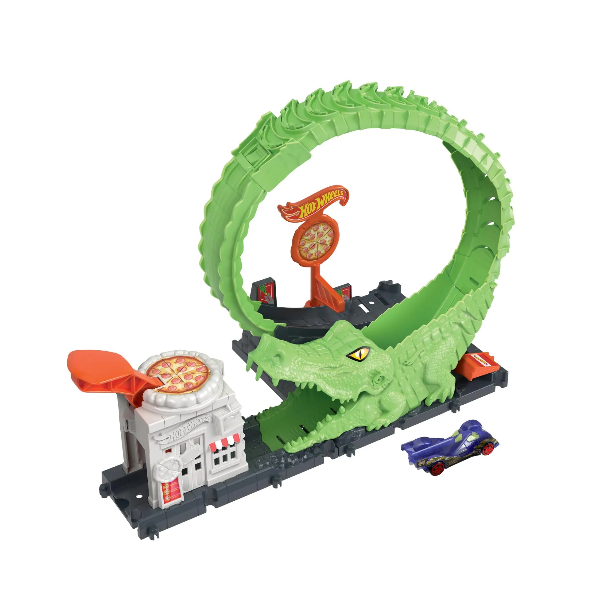 Hot Wheels - Attacco sul Loop del Coccodrillo, pista con pizzeria e 1 macchinina Hot Wheels, pista regolabile che si collega ad altri set, giocattolo per bambini 4+ Anni, HKX39
