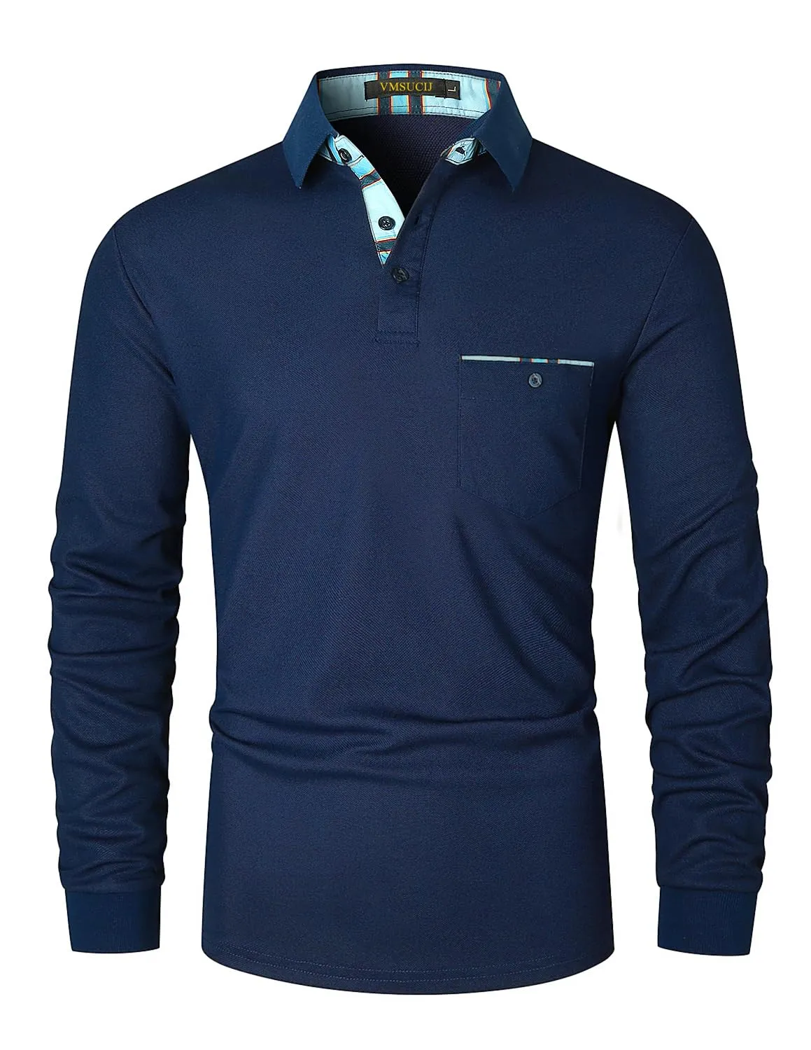 VMSUCIJ Uomo Manica Lunga con Tasca Blu Plaid Colour Blocking Design Poloshirt Casual Sportivo Elegante Shirt,09blu,L