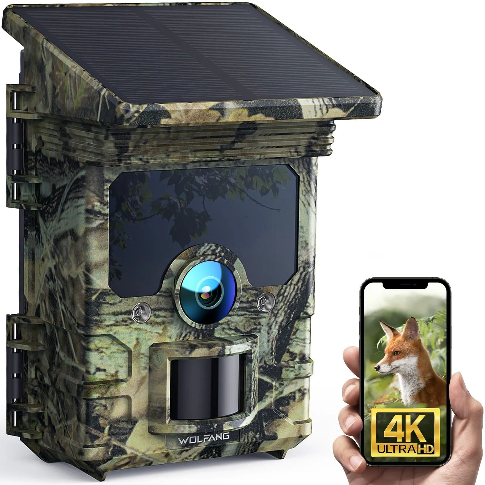 WOLFANG Fototrappola 68MP 4K 30Fps, Solare Wifi Bluetooth e App Fotocamera Caccia con Batteria Ricaricabile da 5200mAh, Visione Notturna Impermeabile IP66, Tempo di Scatto 0,1s