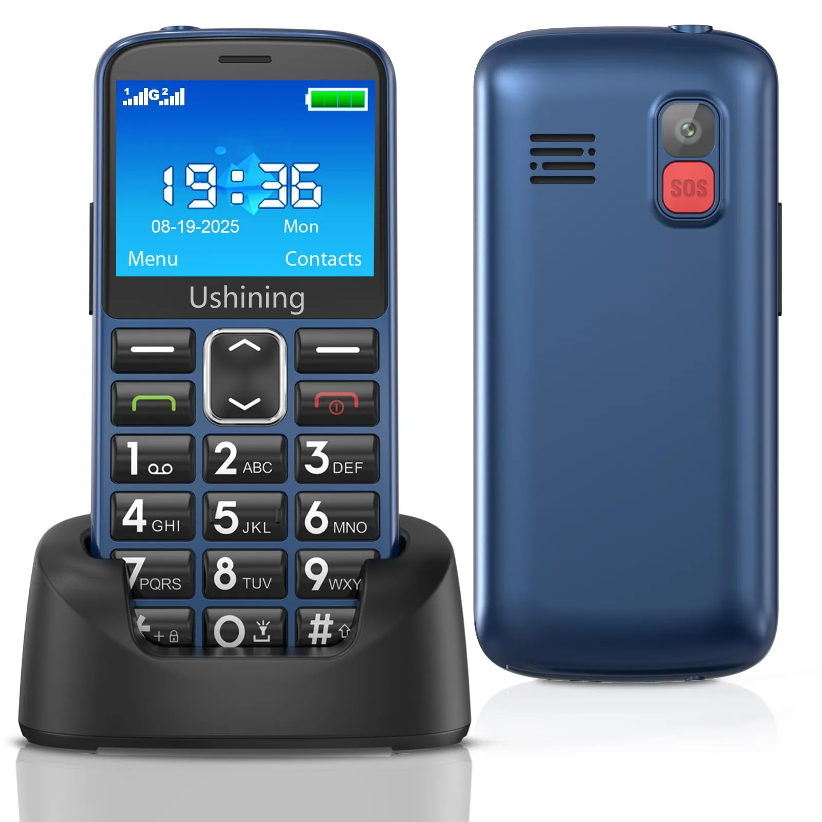 Telefono Cellulare per Anziani con Tasti Grandi, GSM Telefoni per Persone Anziane Facile da Usare, SIM Doppio, Schermo da 2,4”, SOS, Chiamata Rapida, Volume Alto, Ricarica USB C, Base di Ricarica, Blu
