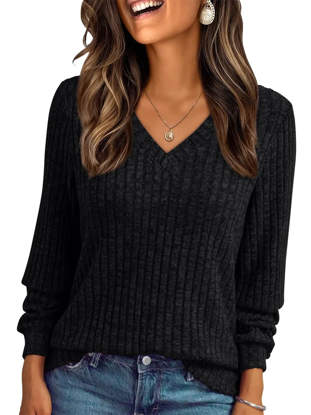 Haslike - Camicetta da donna con scollo a V, maniche lunghe, costine, tunica, top ampia, maglietta a maniche lunghe, magliette a maniche lunghe, magliette a maniche lunghe, Nero , XL