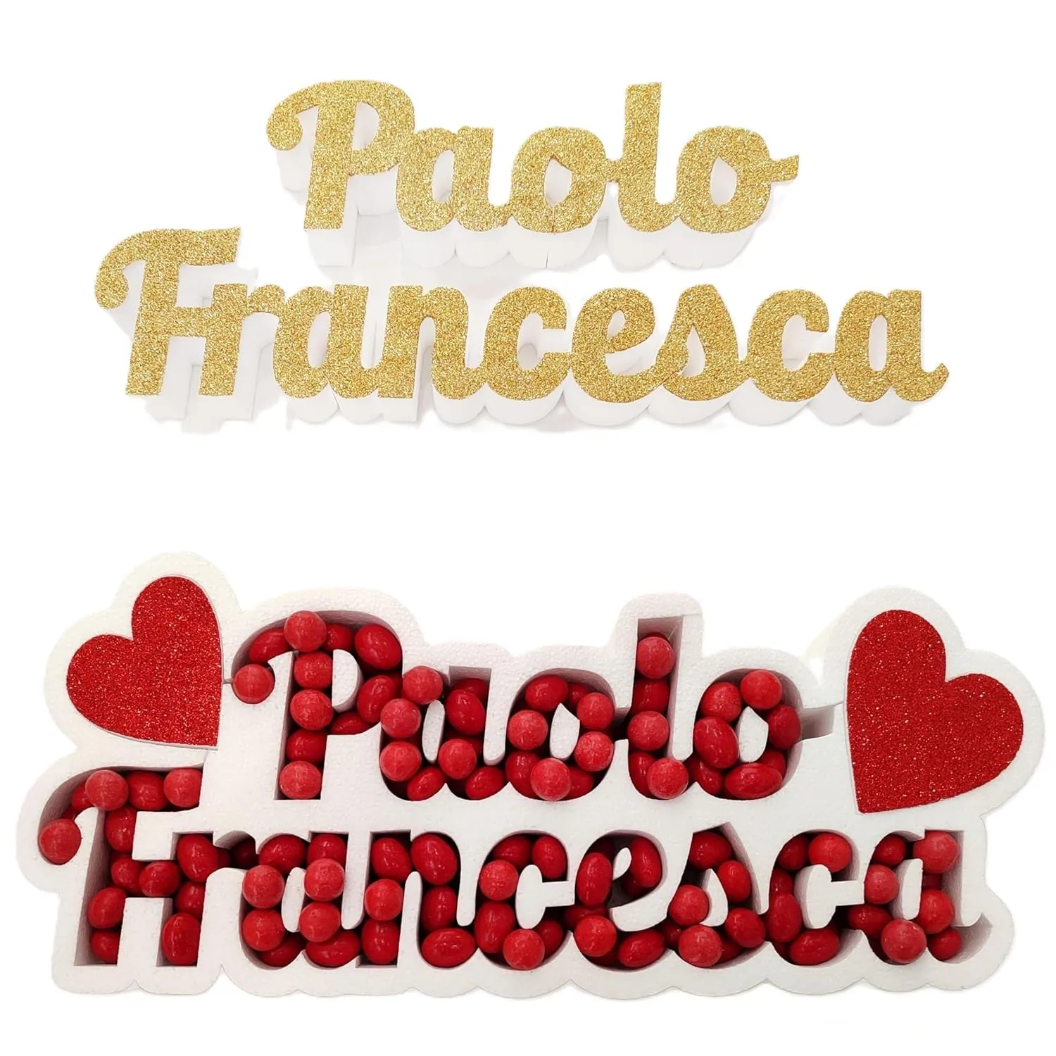 CONTENITORE VASSOIO PORTACONFETTI in POLISTIROLO CON NOMI NOME FRASE NUMERO. In OMAGGIO la scritta interna ritagliata con possibilità di personalizzarla con glitter colorati. FINO A 20 CARATTERI