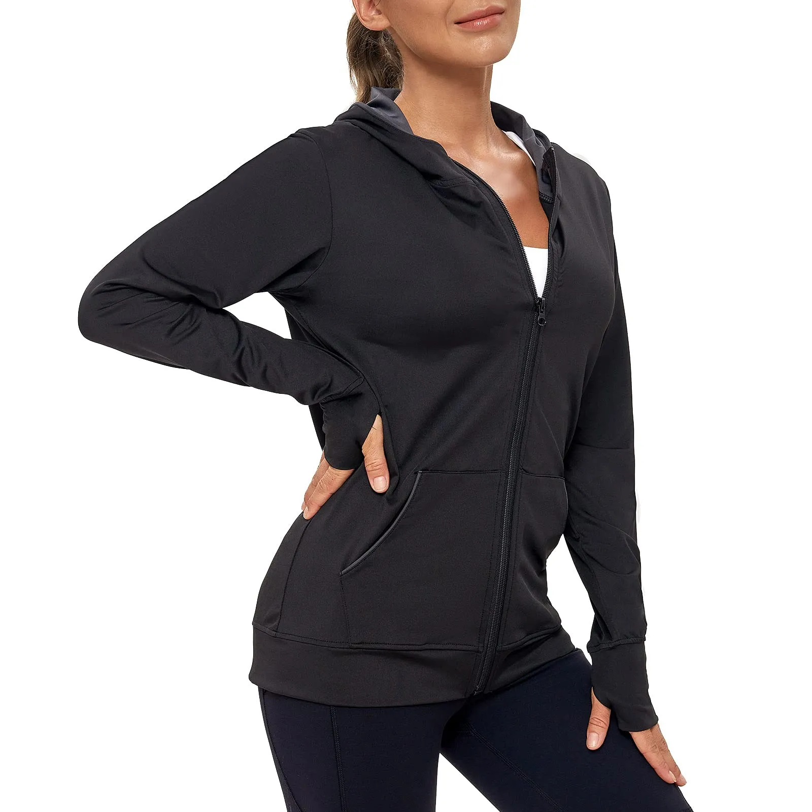AMZSPORT Donna Felpa Sportiva Giacca a Manica Lunga da Corsa con Cappuccio con Fori per i Pollici e Tasch, Nero M