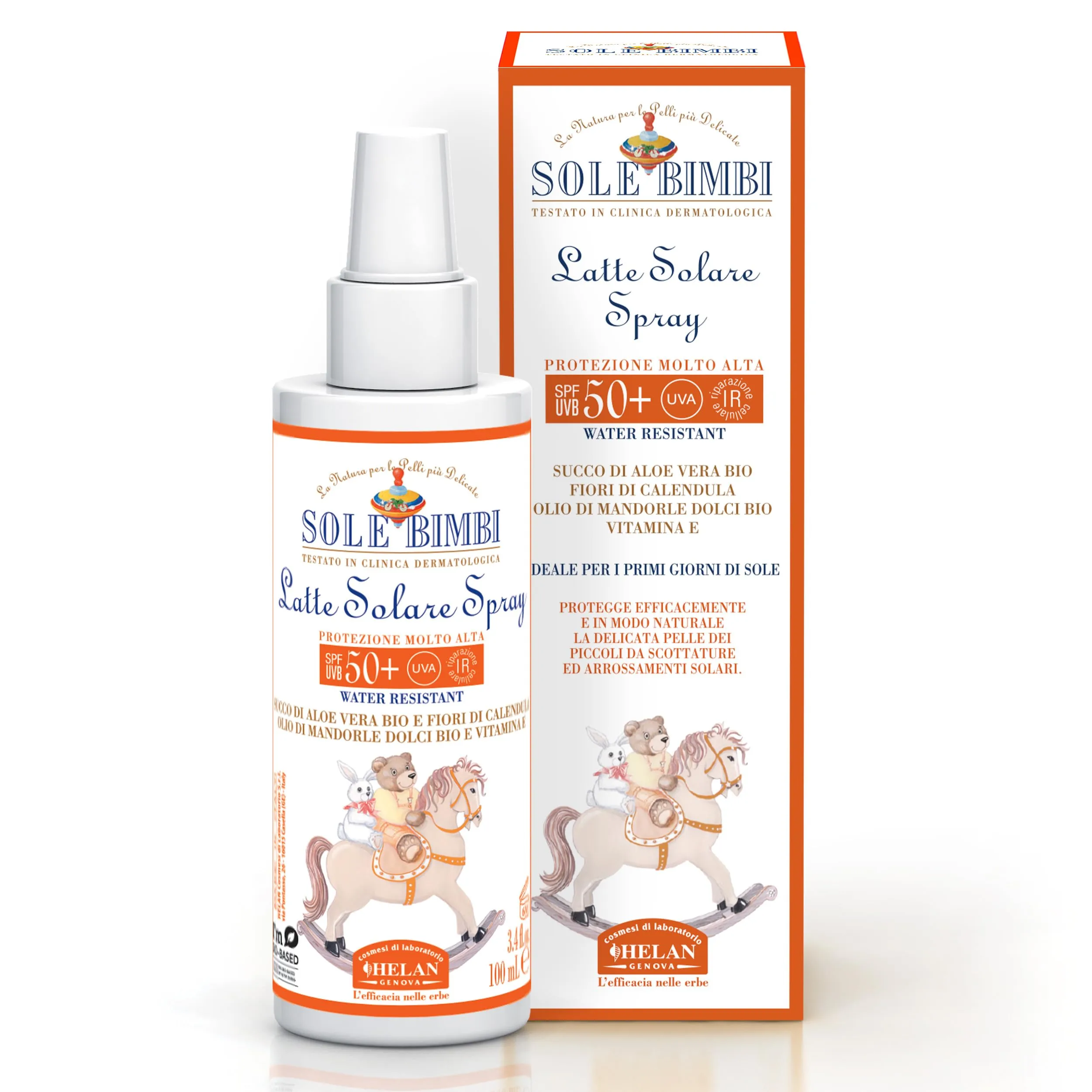 Helan, Sole Bimbi - Crema Solare 50+ Bambini e Neonati Spray Protezione Solare 50+ SPF Molto Alta contro Raggi UVB/UVA, Crema Solare Viso Corpo con Olio di Mandorle Dolci, Vitamina E, Aloe Vera 100 ml