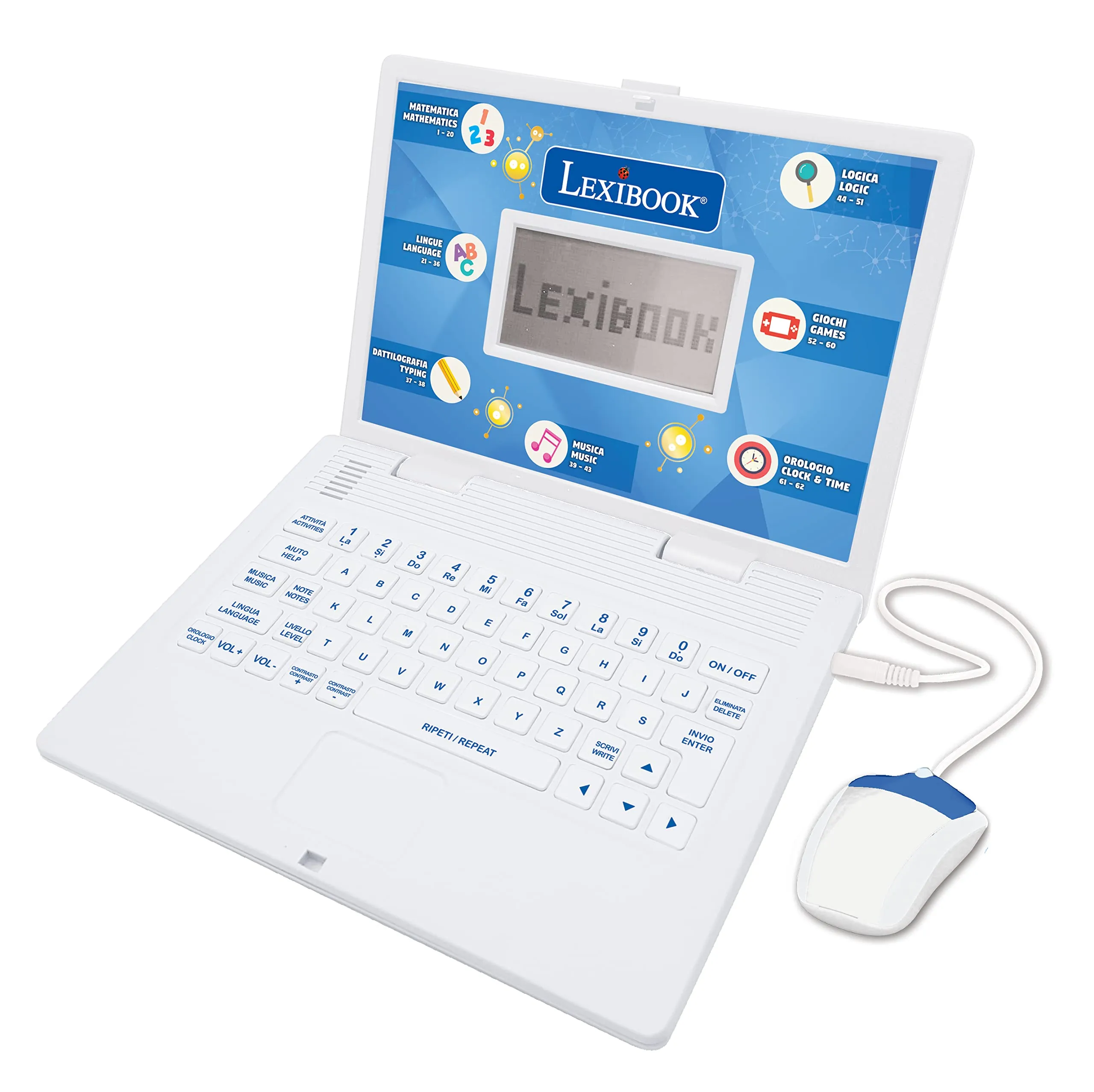 Lexibook, Portatile educativo e bilingue Italiano/Inglese, Giocattolo con 124 attività per Imparare Matematica, dattilografia, logica, Lettura dell'orologio, Giochi e Musica, Bianco, JC598i5