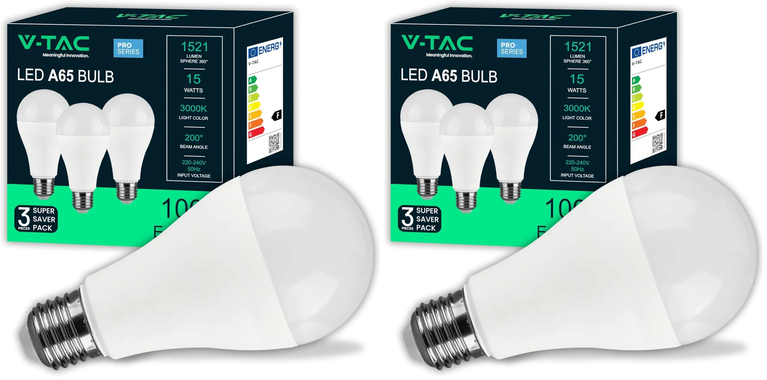 V-TAC 3x Lampadine LED 15W ad Alta Luminosità 1521 Lumen - E27 A65 - Lampadine Nuova Generazione - Equivalenti a 100W - Box da 3