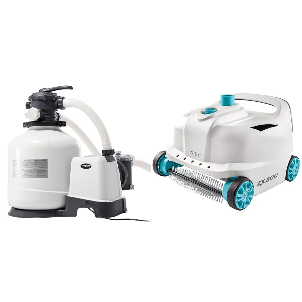 Intex 26652 – Pompa Filtro a Sabbia Krystal Clear, Flusso d'Acqua 12000 L/h, Flusso di Sistema 9200 L/h, Plastica, Bianco & 28005 Pulitore Piscina