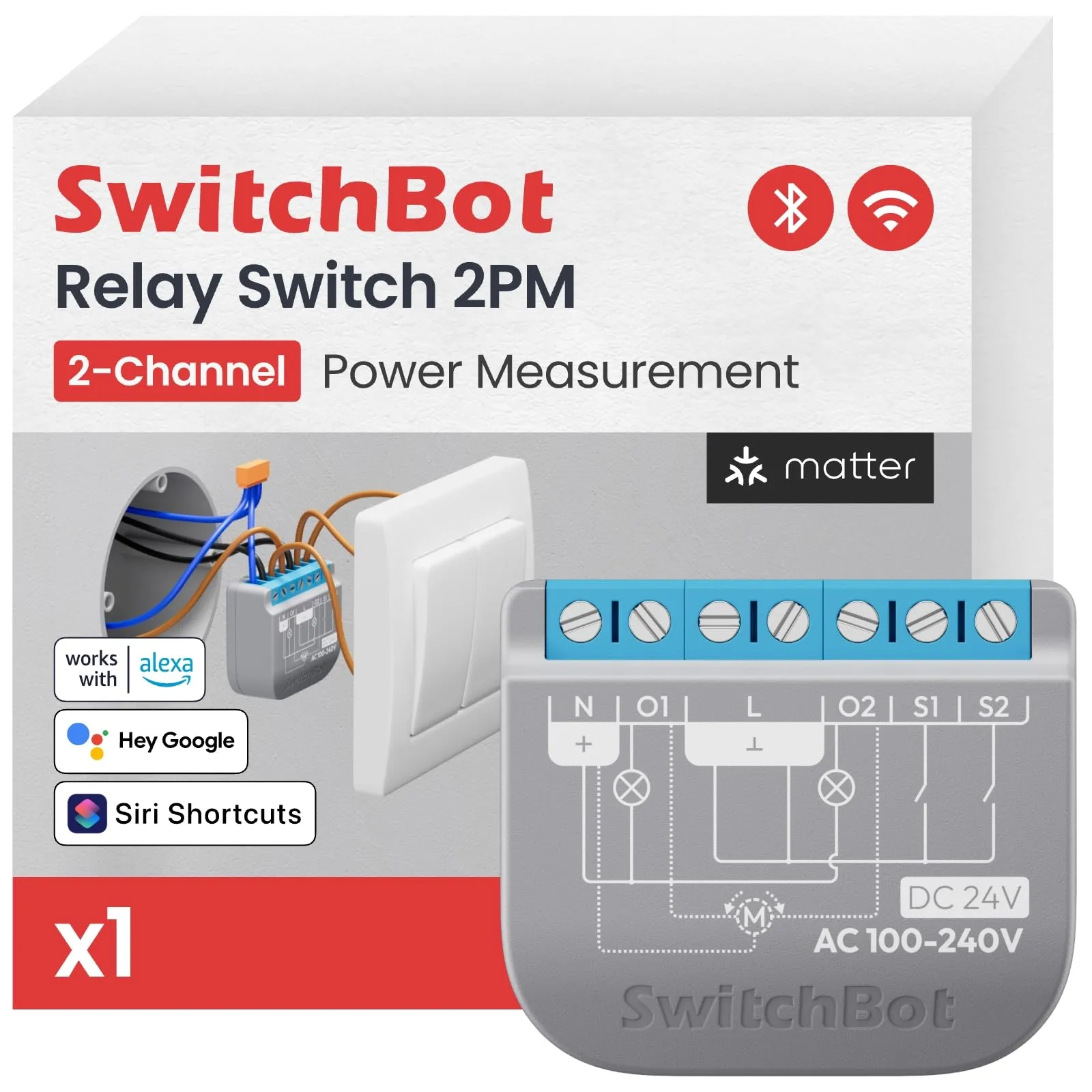 SwitchBot Relay Switch 2PM, Doppio Controllo Luci con Misurazione dei Consumi,Ripetitore Bluetooth Integrato,Wi-Fi(2,4GHz) e Bluetooth. Compatibile con Alexa/Apple Home/Google Home/Matter(Richiede Hub
