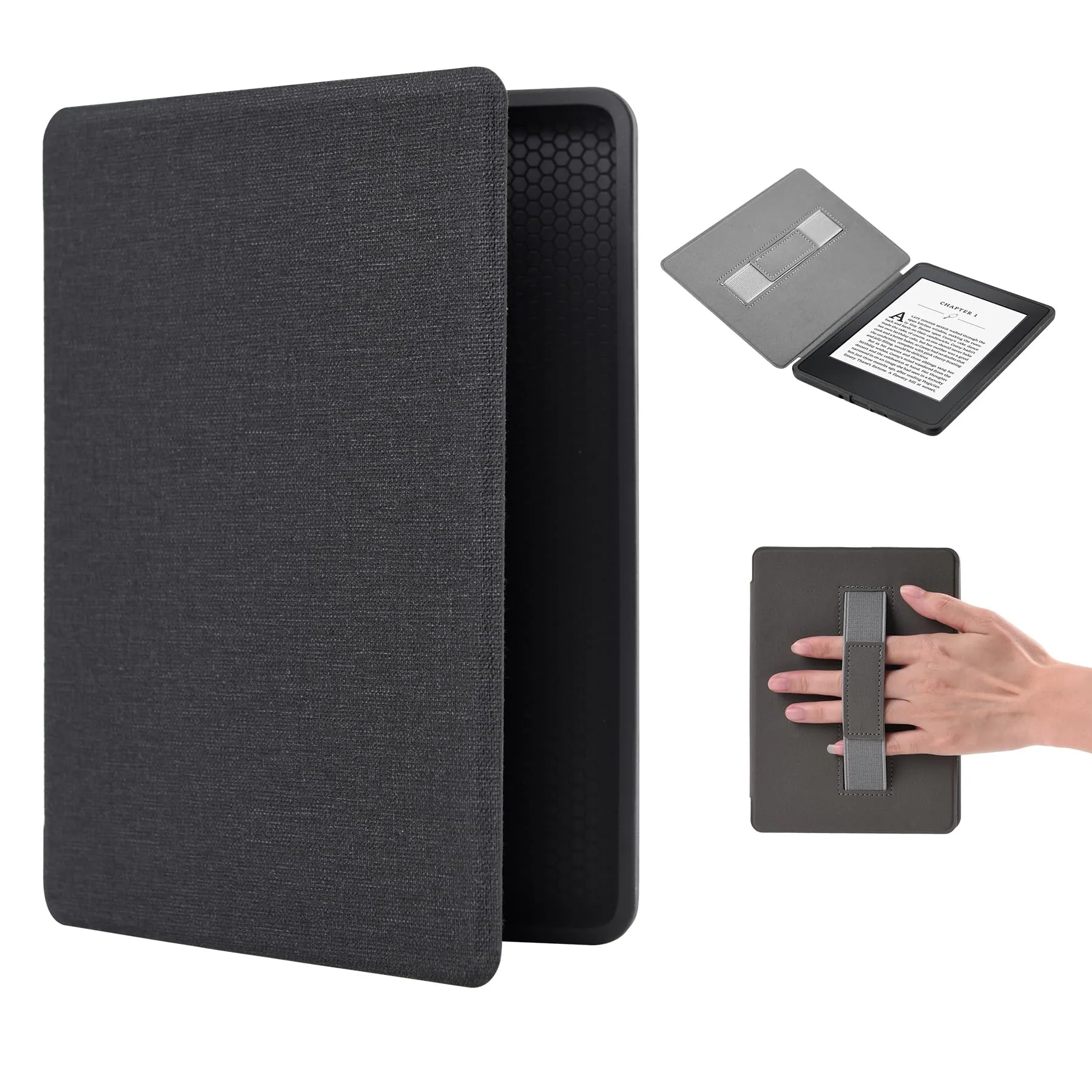 Custodia per Kindle Paperwhite 2018 10th (Modello n. PQ94WIF), 6" Smart-Cover Case con cinturino da polso e funzione Auto Sleep-Wake, colore nero