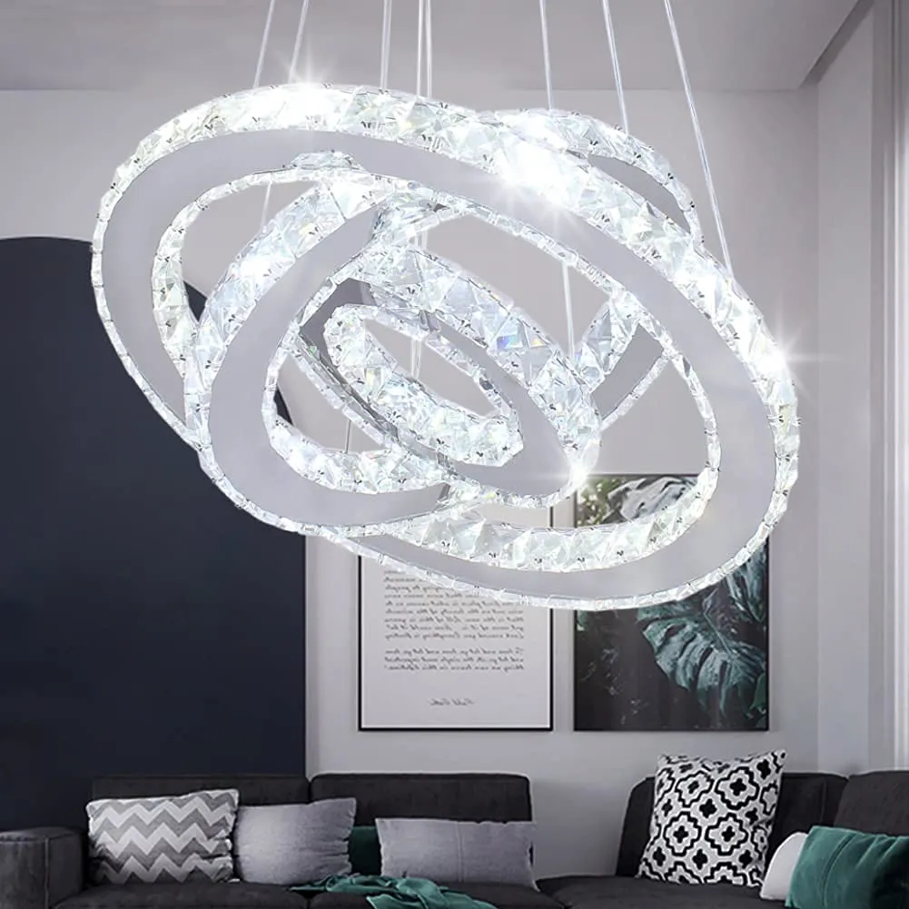 Dixun - Moderno lampadario a LED regolabile, a 3 anelli, in acciaio inox, lampadario per camera da letto, soggiorno (luce bianca fredda)