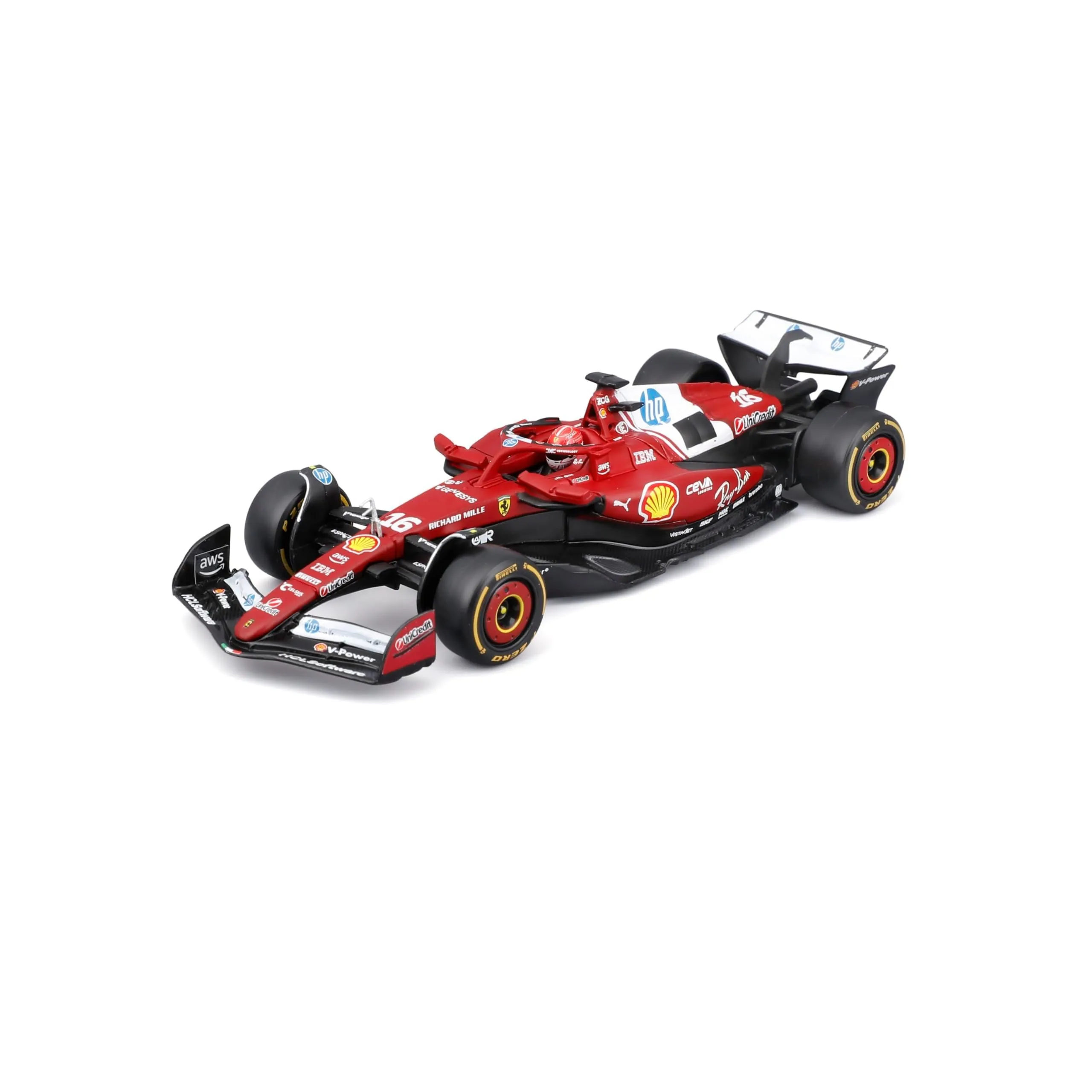 Bburago - Ferrari SF-25 F1 2025#16 Leclerc con Casco, Auto Diecast in Scala 1:43, Replica Dettagliata con Teca e Basetta, Licenza Ufficiale Ferrari, Età Consigliata 14+ Anni