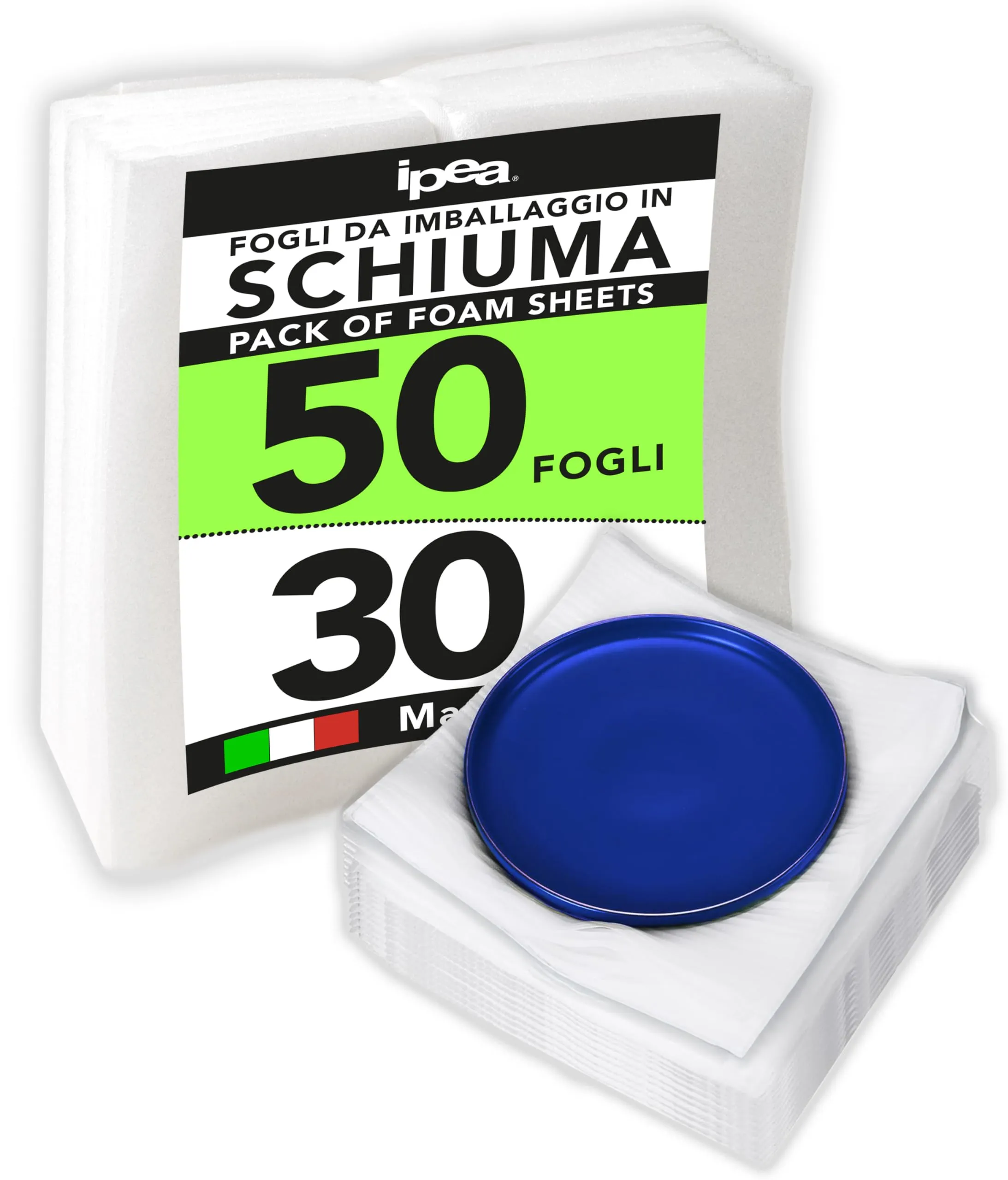 IPEA Fogli in Schiuma Poliuretano Espanso per Imaballaggio e Protezione - 50 Pezzi - Made in Italy - 30 x 30 cm - Foglio per Piatti, Bicchieri, Oggetti Fragili - Pluriball Spedizioni e Traslochi
