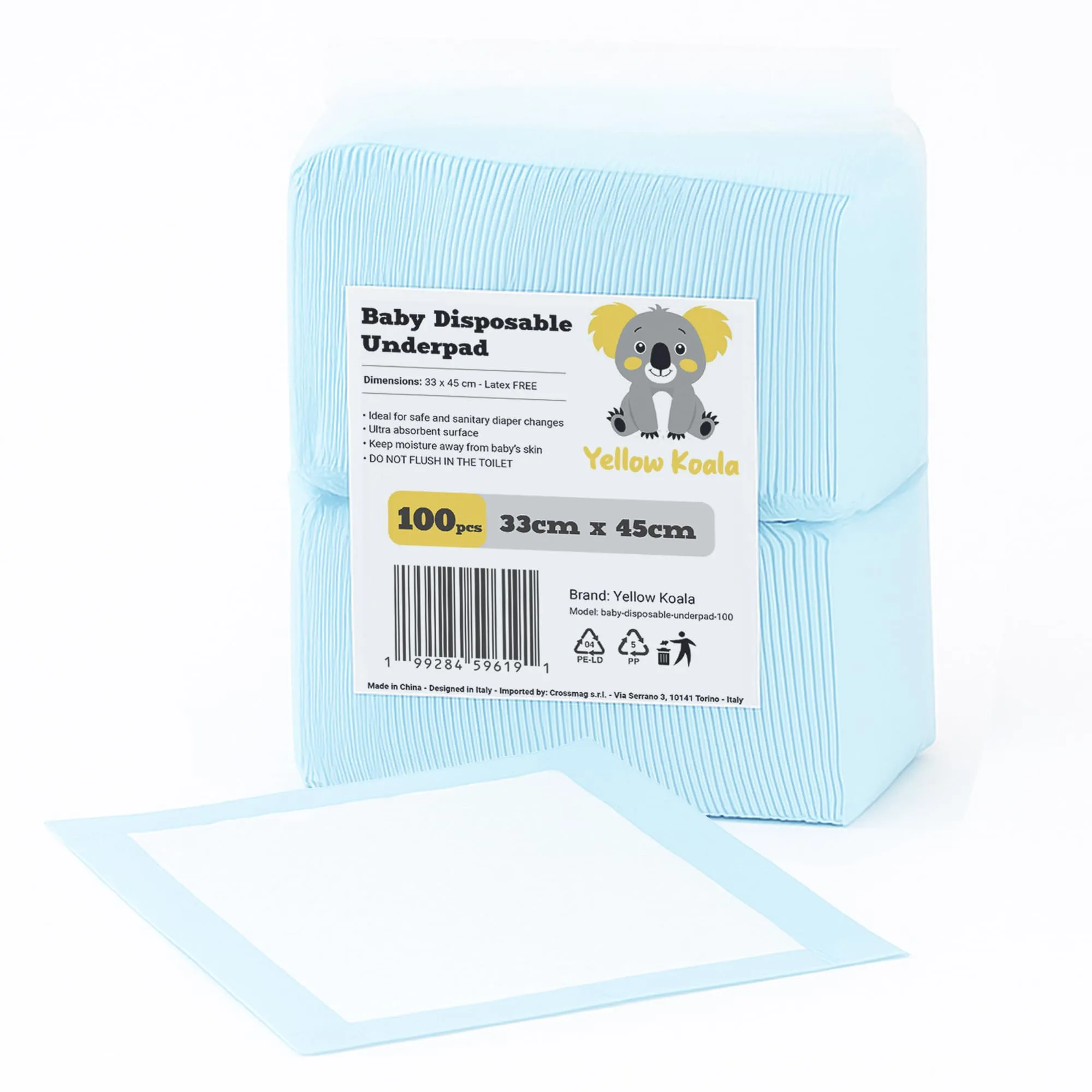YELLOW KOALA Traversine Neonato Monouso 100 Pezzi 33x45 cm – Panni Assorbenti a 6 Strati, Morbide e Impermeabili – Traversine Pannolini Usa e Getta per Fasciatoio, Incontinenza e Lettino