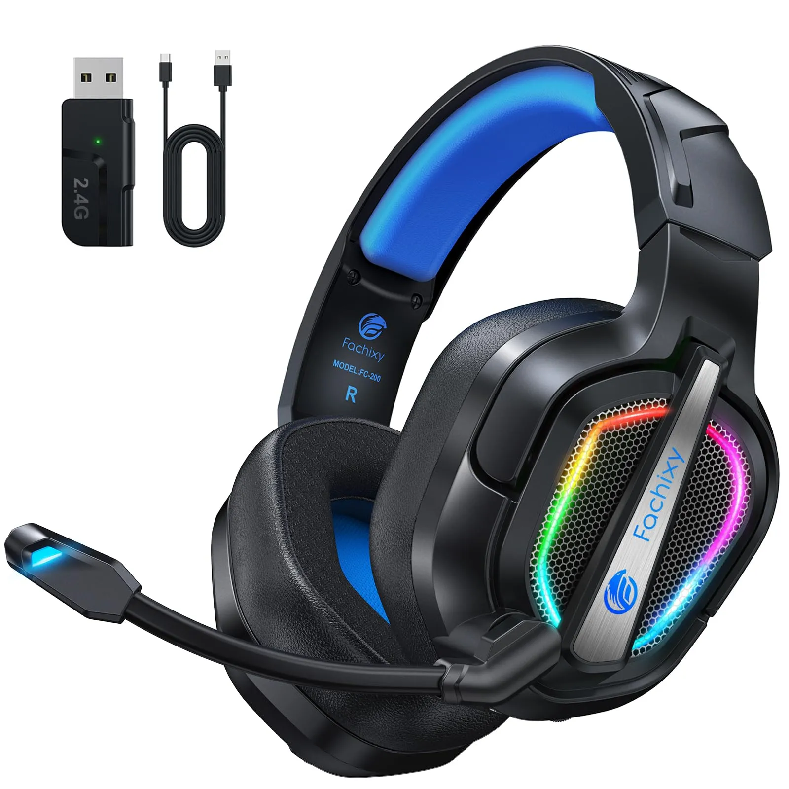 Fachixy FC200 Cuffie Gaming Wireless, 2.4GHz Cuffie Gaming con Microfono per PS5, PS4, PC, Switch, Mac, Mobile, Cuffie per PS5 con Stereo, Cuffie Bluetooth Over Ear con Luce LED, Batteria da 50 Ore