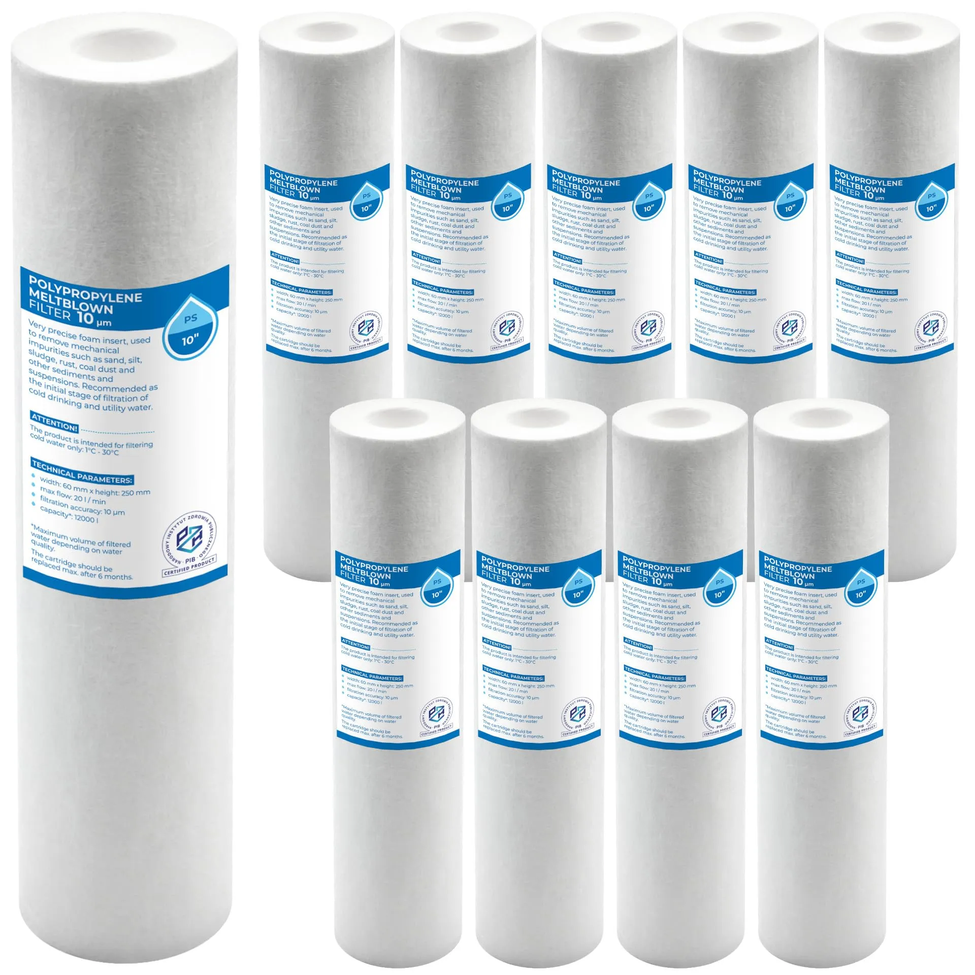 Filtro a Sedimenti in Polipropilene 10" – Set 10 Pezzi, 1µm | Cartucce per Acqua Potabile, rimozione efficace di particelle di sporco e impurità dall’acqua – Durata fino a 6 mesi