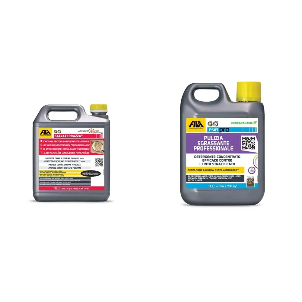 FILA Surface Care Solutions SALVATERRAZZA 5L Protettivo consolidante Anti-infiltrazioni Base solvente, 5 Litri & PS87 PRO, Detergente Pavimenti Professionale, Sgrassatore Universale