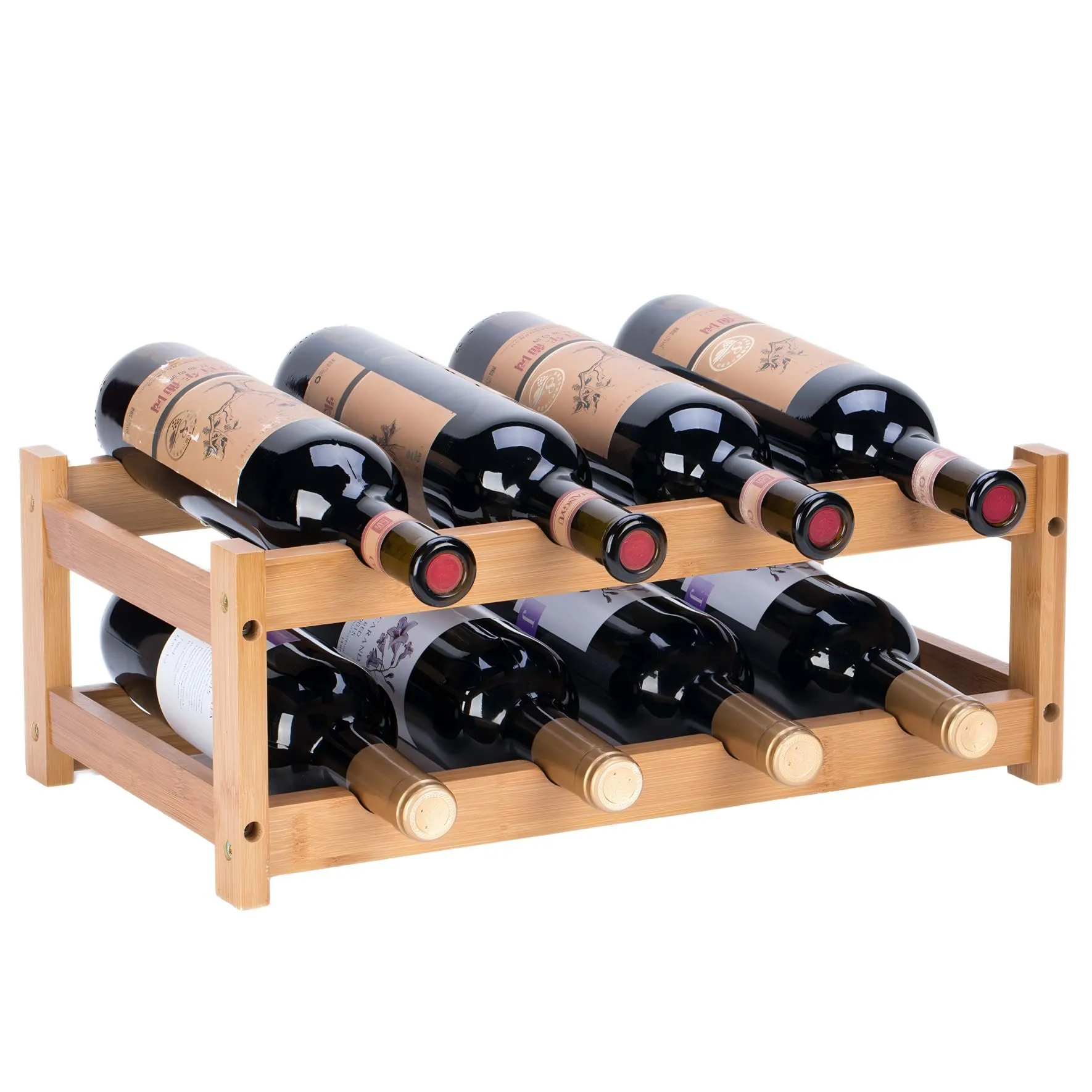 YunNasi PortaBottiglie di Vino, Portabottiglie da Tavolo in Bambù Naturale, Vintage Espositore Bottiglie Scaffale Cantinetta Portabottiglie per Cucina, Bar, Cantina.(2 livelli-8 bottiglie)