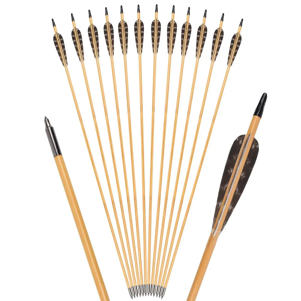 TY Archery 12 frecce in legno da 32 pollici, con piume naturali da 4 pollici, frecce per tiro con l'arco, frecce in legno, per arco tradizionale ricurvo arco lungo