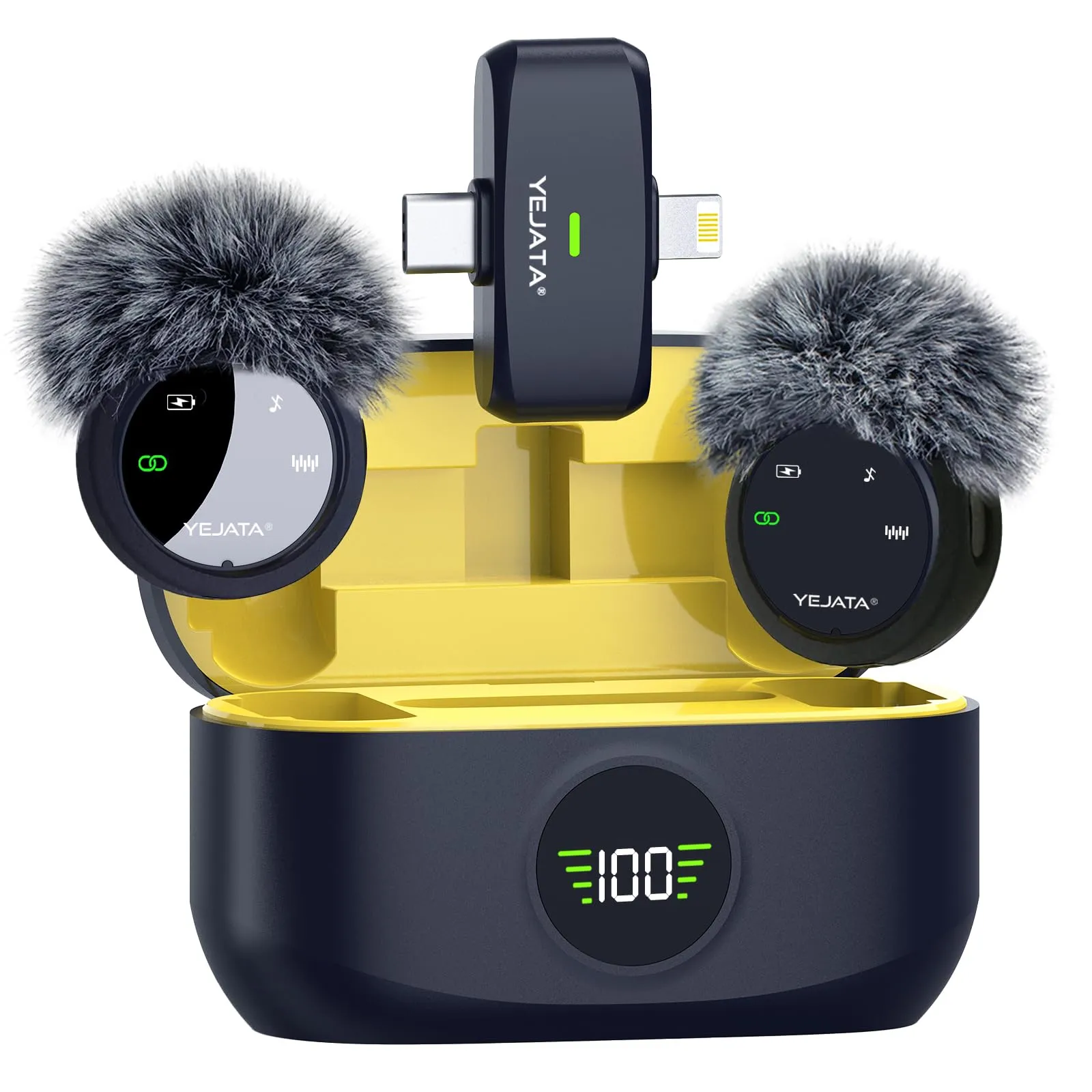 YEJATA Microfono wireless 2 in 1 per iPhone, Android, mini microfono con riduzione del rumore con custodia di ricarica da 40 ore, bavero magnetico e morsetto per interviste, 82 piedi