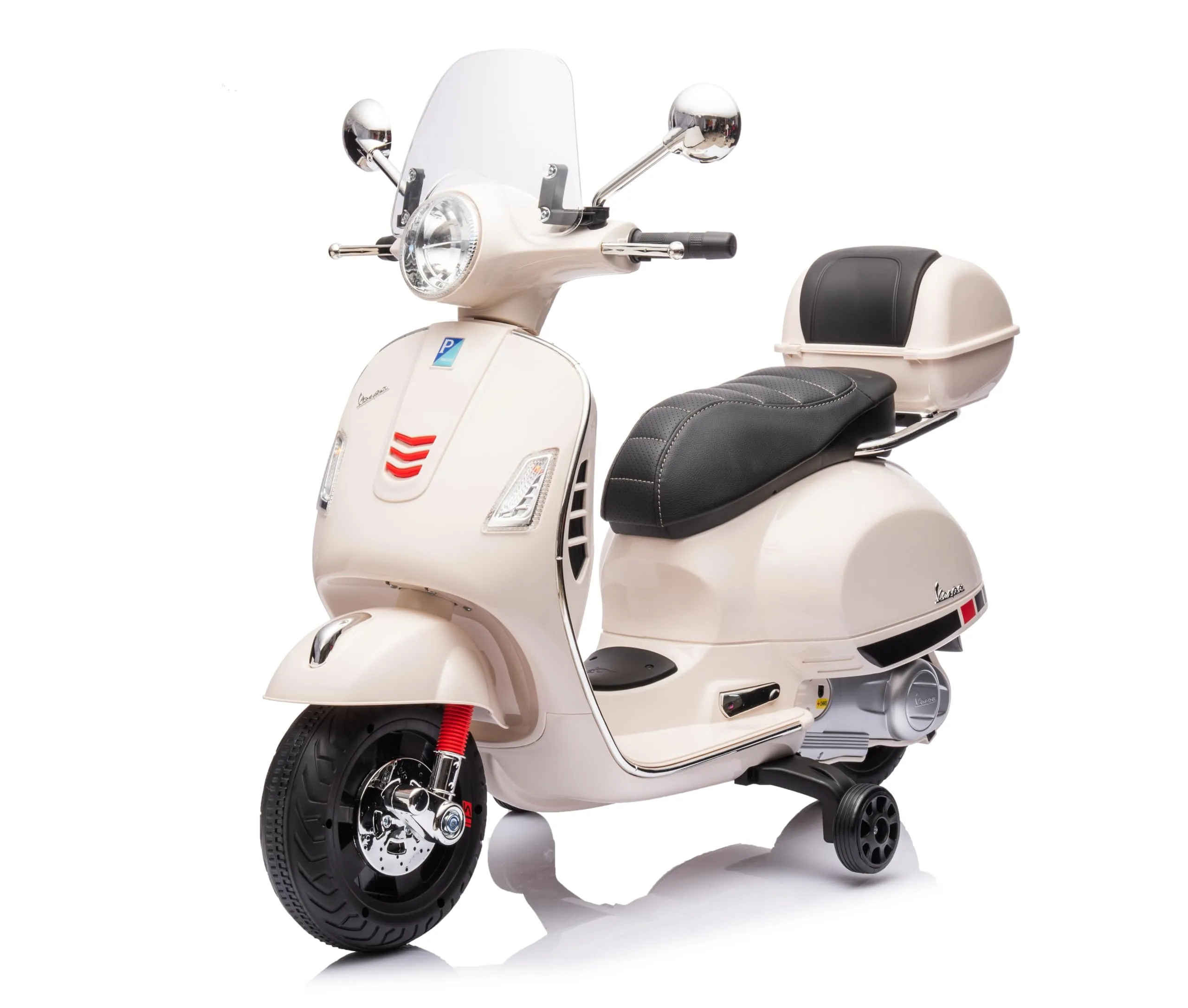 Mondial Toys Moto Elettrica Scooter per Bambini Vespa GTS Super Piaggio 12V con Sedile in Pelle Bauletto MP3 Luci a Led Full Optional (Bianco)
