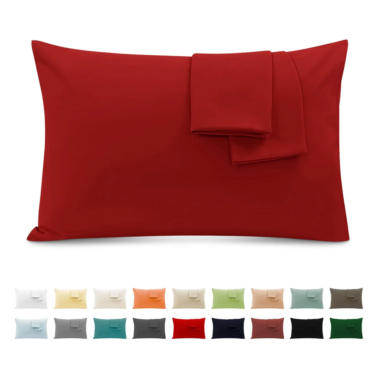 Federe Cuscini Letto Matrimoniale Cotone 50x80 cm 2 PCS, Set 2 Federe Certificato Oeko-TEX in Premium Cotone 110GSM, Morbida e Traspirante, Ipoallergenica -Rosso