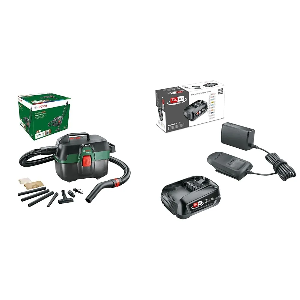 Bosch Aspirapolvere a umido e a secco AdvancedVac 18V-8 (senza batteria, sistema a 18 Volt, con set di accessori, nella scatola) Batteria da 18 V e caricabatterie 2,5 Ah (set di avvio da 18 V)