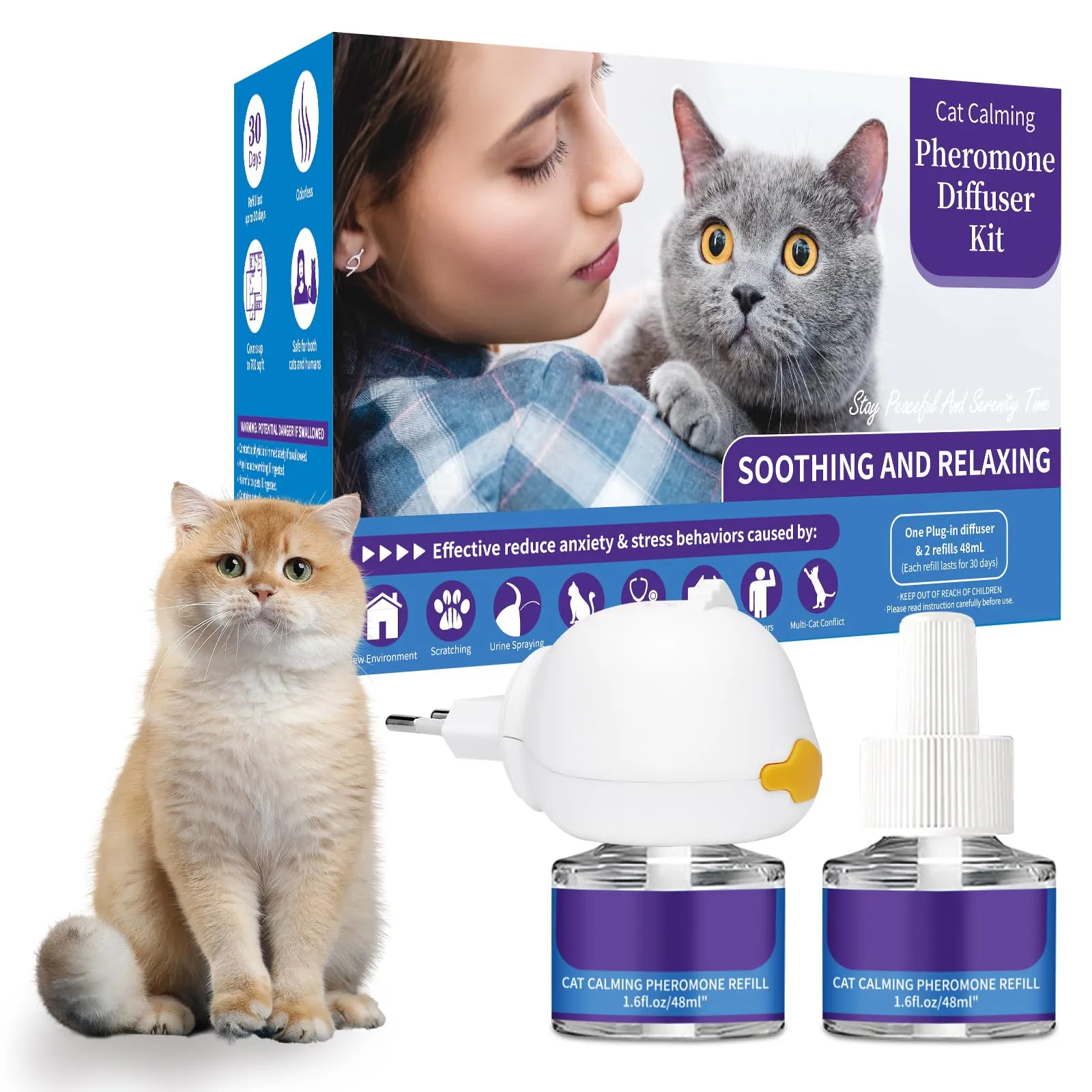 VICSOM Kit Diffusore Feromoni per Gatti 6 in 1, 120 Giorni Calmante per Gatti, Feromoni Gatto Diffusore per Un Rilassamento Duraturo, Sollievo da Ansia e Stress(2 Diffusore + 4x48ml Ricariche)