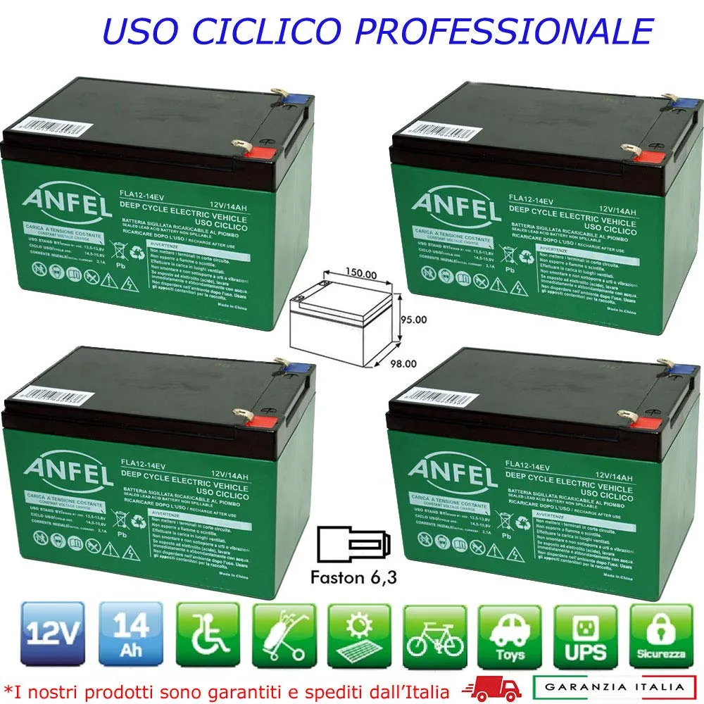 KIT 4 BATTERIE AL PIOMBO RICARICABILE 12V 48V 14AH CICLICA USO CICLICO BICI BICICLETTE ELETTRICHE MONOPATTINI QUAD ELETTRICI TRAZIONE ELETTRICA CONNETTORI F2 6,35mm DEEP CYCLE 6-DZM-14 6DZM14