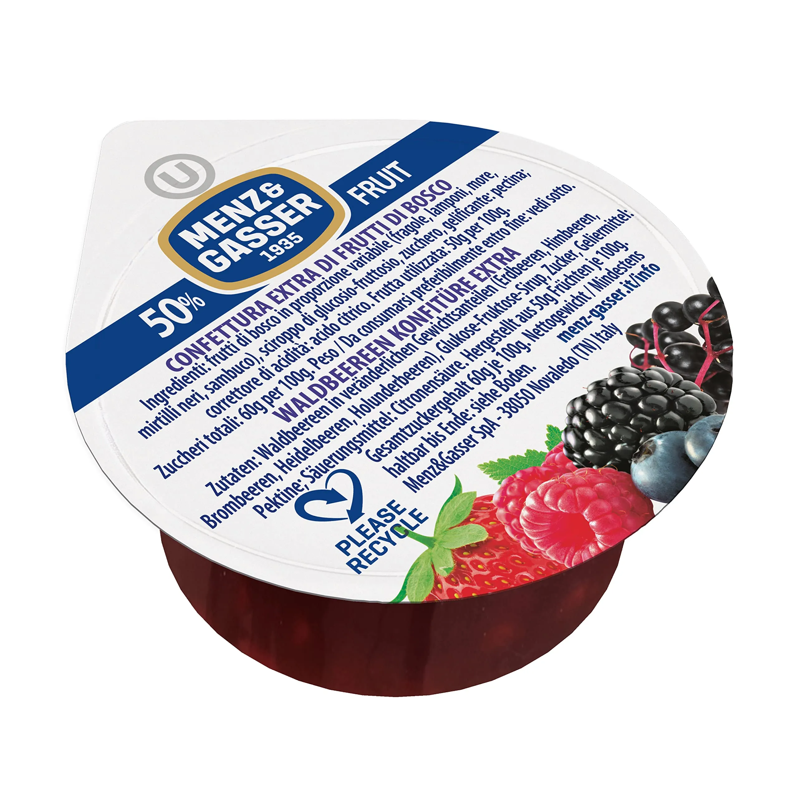Menz&Gasser Confettura Extra di Frutti di Bosco Monodose Premium Quality, con Frutta di Alta Qualità, 100% Made in Italy, 100 Porzioni x 25 g
