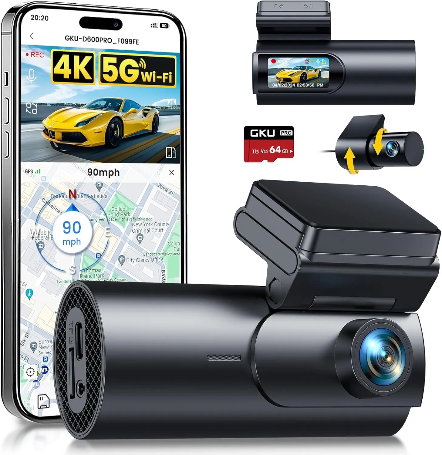 GKU 4K Dash Cam Auto, 5GHz WiFi e GPS, Doppia Telecamera per Auto, Mini Dashcam IPS 1.5" con Scheda SD 64G, 24H Monitor di Parcheggio, Visione Notturna, WDR, Grandangolo 170°, Sensore G, Controllo App