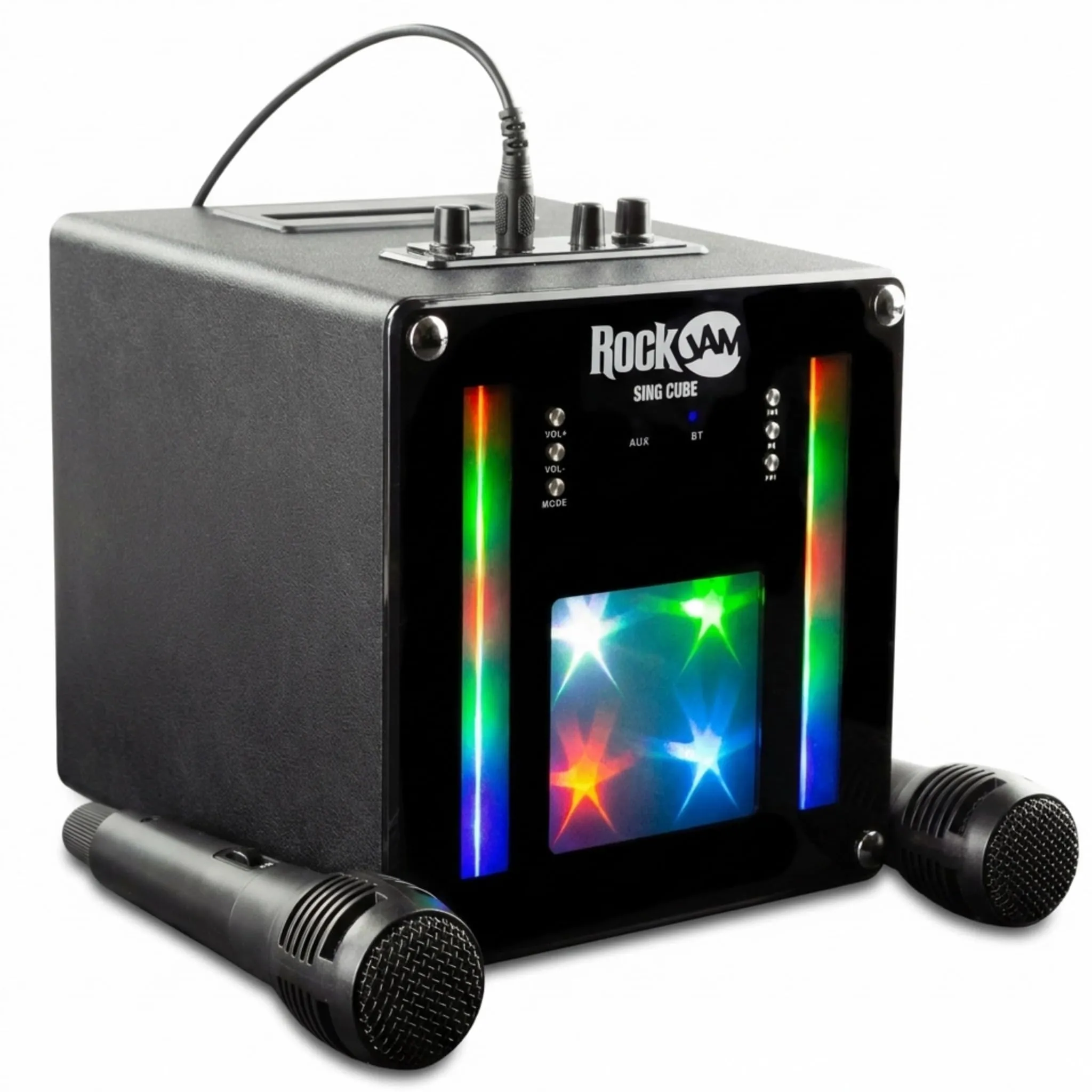 RockJam Macchina karaoke Bluetooth Singcube da 5 Watt con doppio microfono, effetti di cambio vocale e luci LED, nero