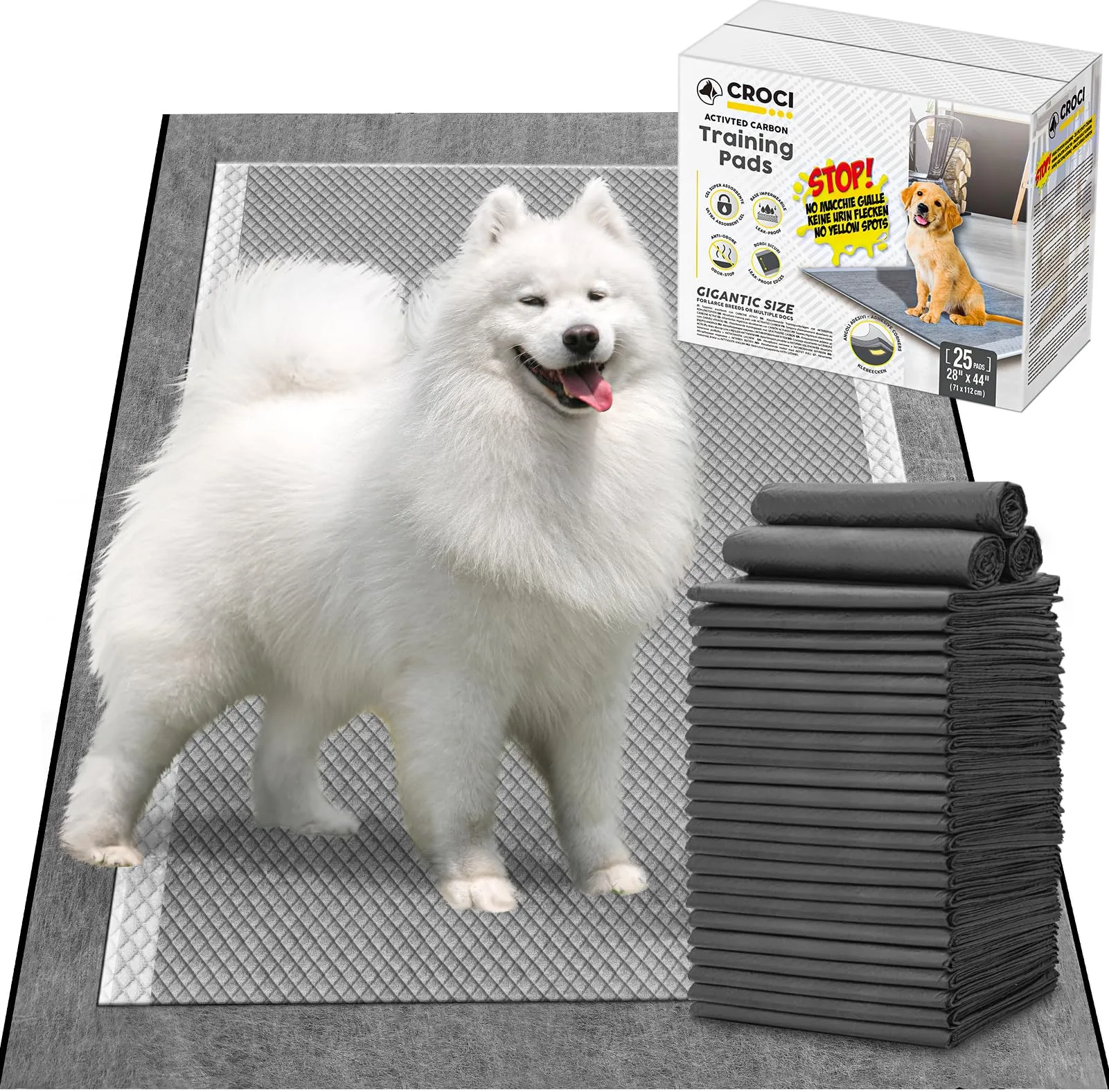 Croci Super Nappy Carboni Attivi - Tappetini Igienici XXL per Cani 71x112 cm 25 pz - Traverse adesive Cani e Animali, per Pipi Cane e Gatto Ultra Assorbenti USA e Getta, Antistrappo e Antiodore
