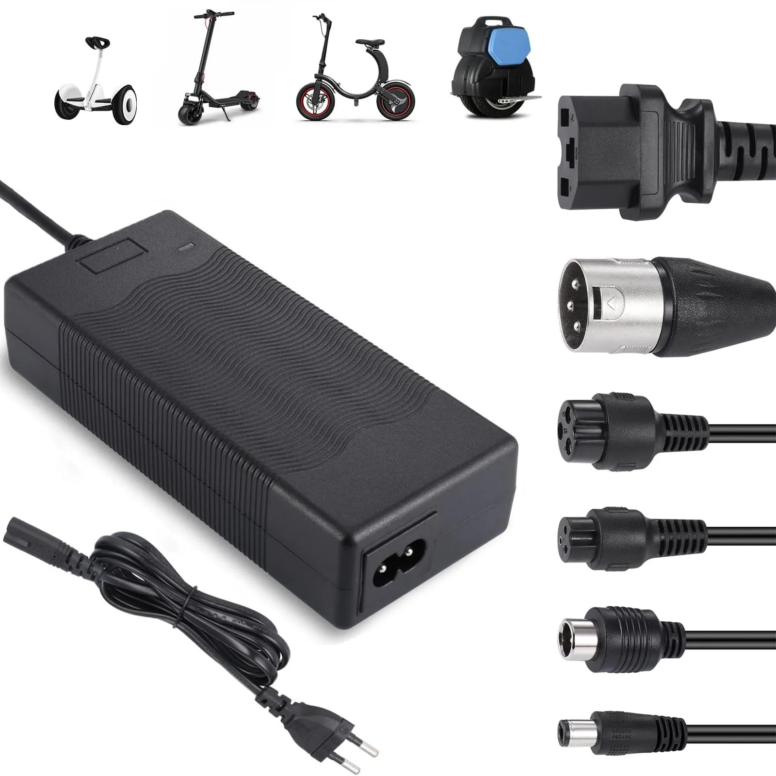 JIZZU Caricatore Monopattino Elettrico, 42V 3A AC Adattatore Hoverboard, Caricatore di Alimentazione Universale con 4 Connettori per Scooter Elettrici, Scooter per Equilibrio, Drifting Board