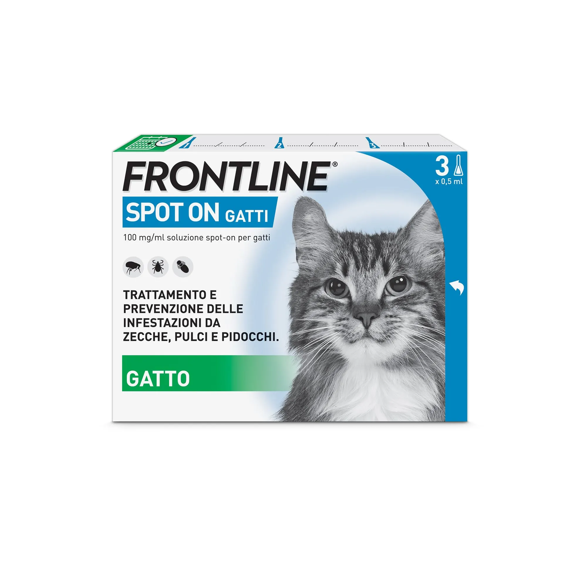 FRONTLINE Spot On, 3 Pipette, Gatto, Antiparassitario per Gatti e Gattini di Lunga Durata, Protegge da Zecche, Pulci e Pidocchi, Antipulci in Confezione da 3 Pipette da 0.5 ml