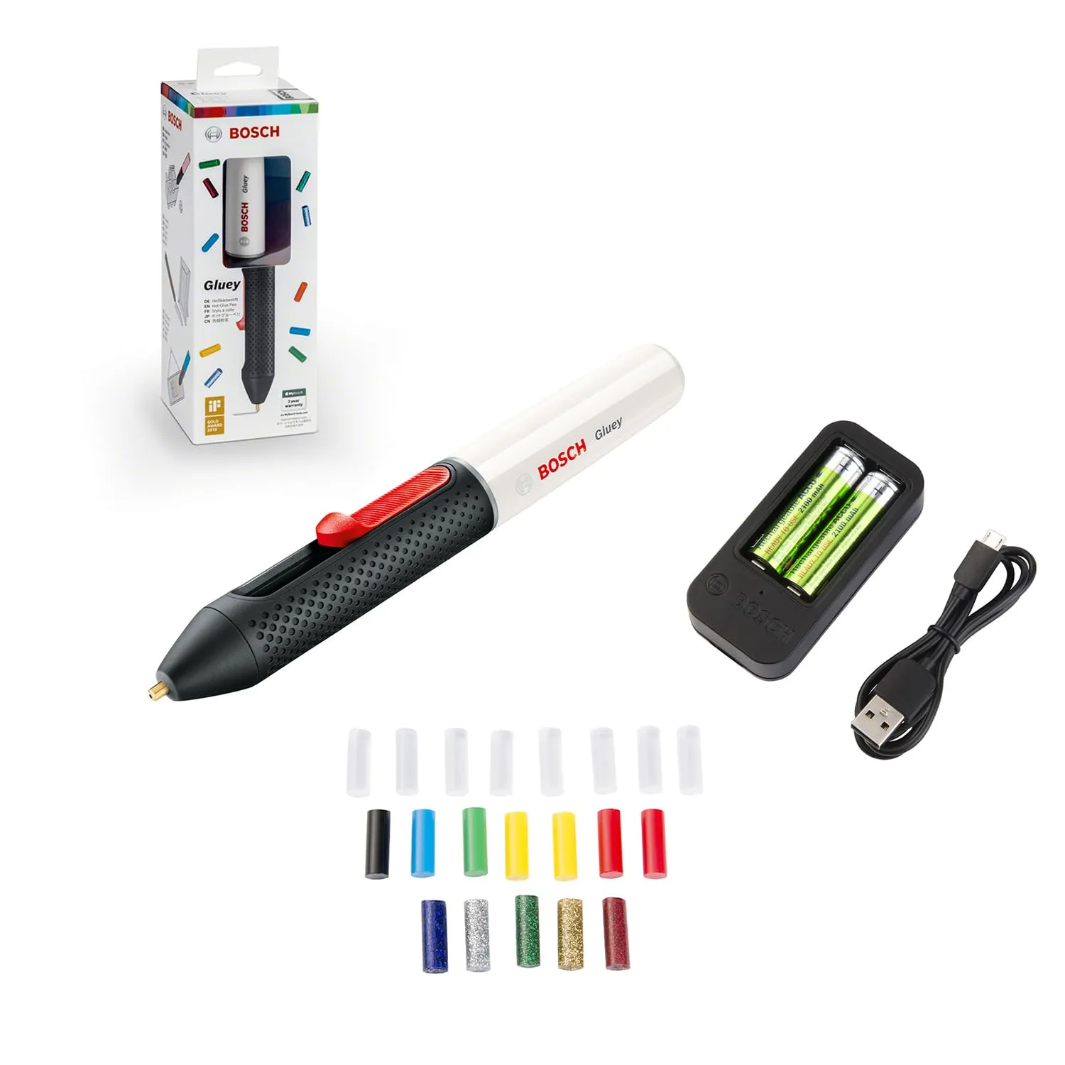 Bosch Home and Garden Adesivo a caldo Gluey Marshmallow a batteria con 20 bastoncini di colla, marshmallow, in scatola di cartone