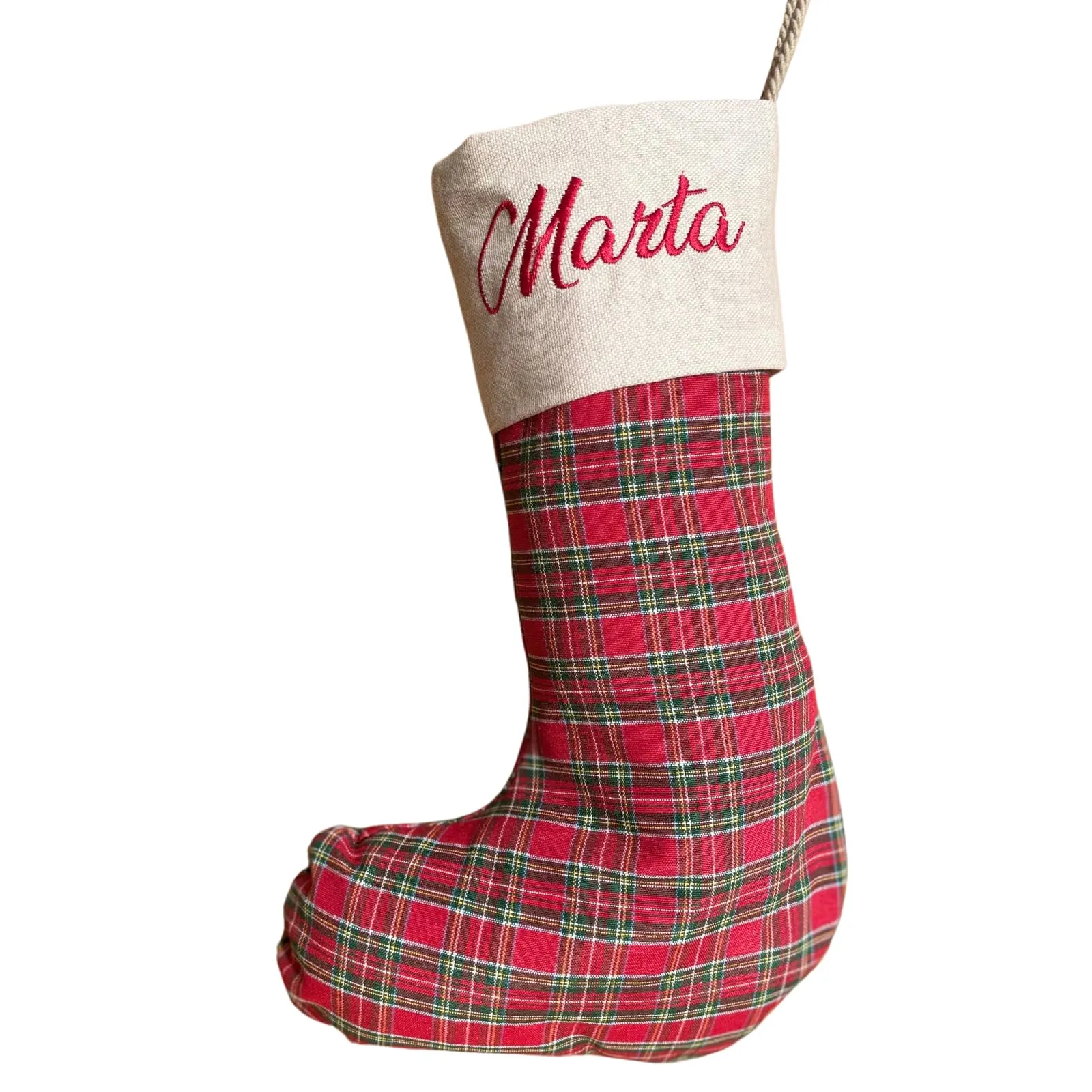 Fatto da Mani - Calza Befana Personalizzata con ricamo; Calza Natalizia Personalizzata; Calza Sartoriale Personalizzata; HappyFania (Tartan Rosso)