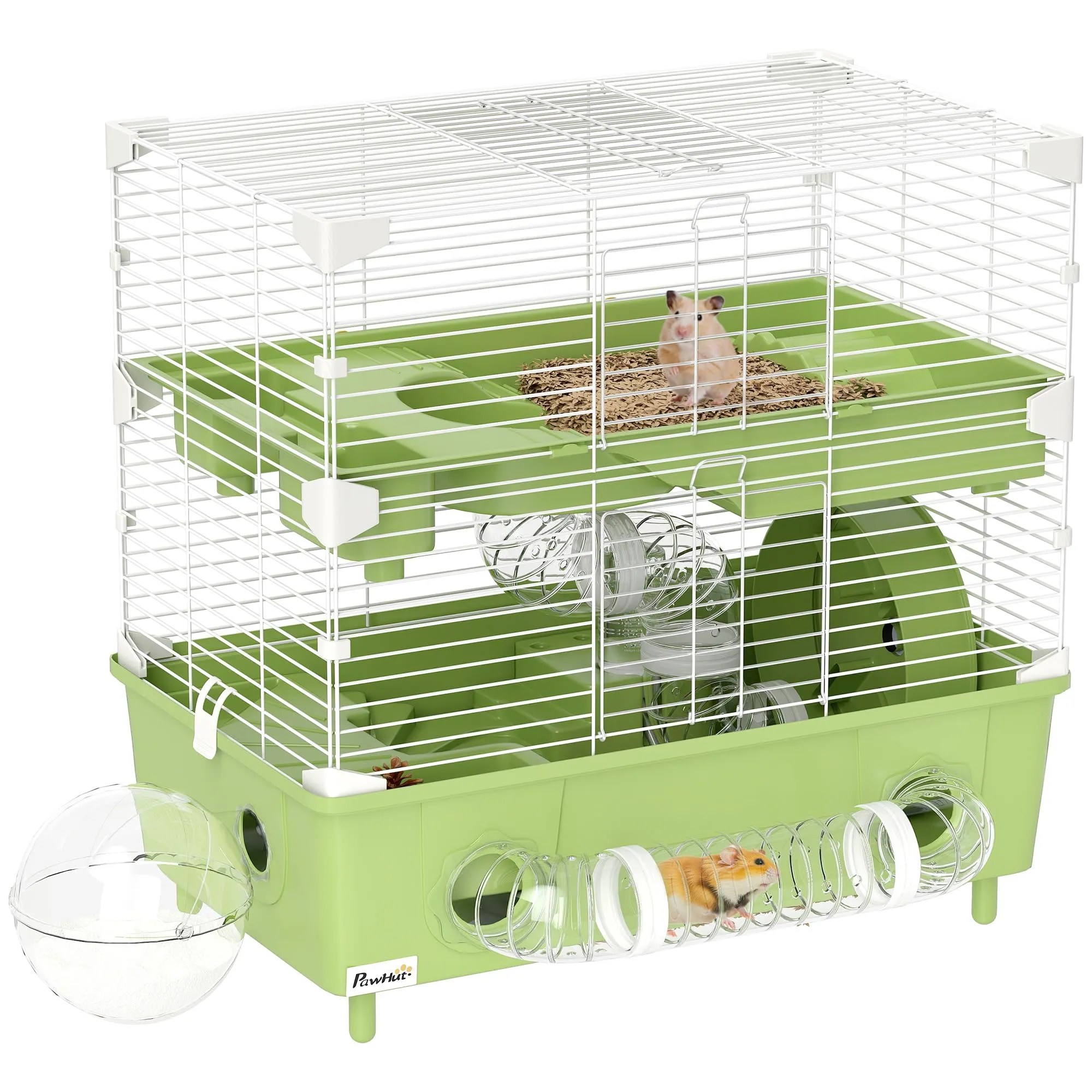 PawHut Gabbietta per Criceto a 2 Livelli e 3 Porte con Ruota, Lettiera e Tubi di Gioco, Gabbia per Animali in Acciaio, PS e PP, 44.5x28x44 cm, Verde e Bianco