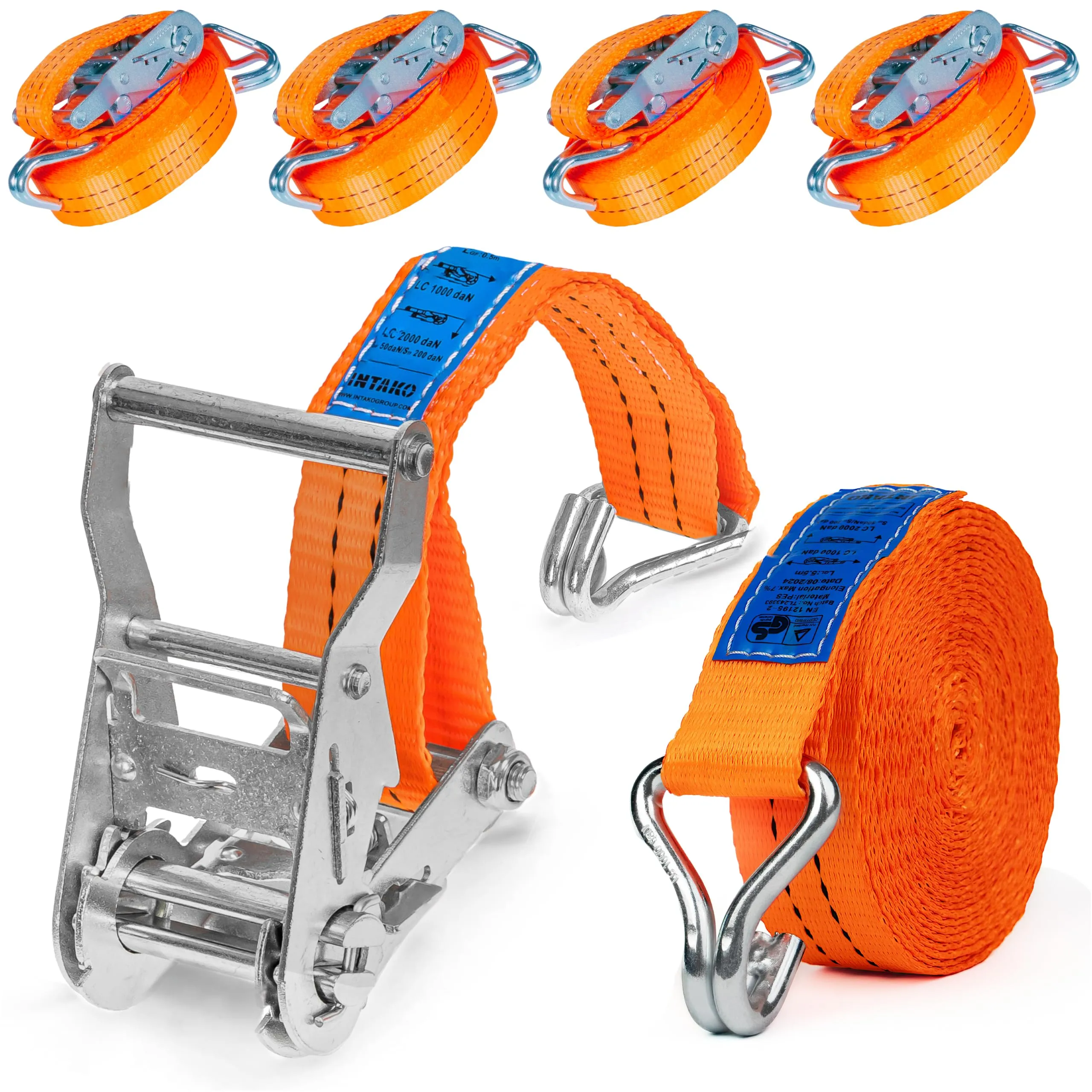 INTAKO - Cinghie a Cricchetto 6m 2000kg 35mm - 4 Pezzi - Cinghie di Fissaggio Moto - Cinghia a Crichetto Arancione - Conforme alla Norma EN 12195-2 TUV GS