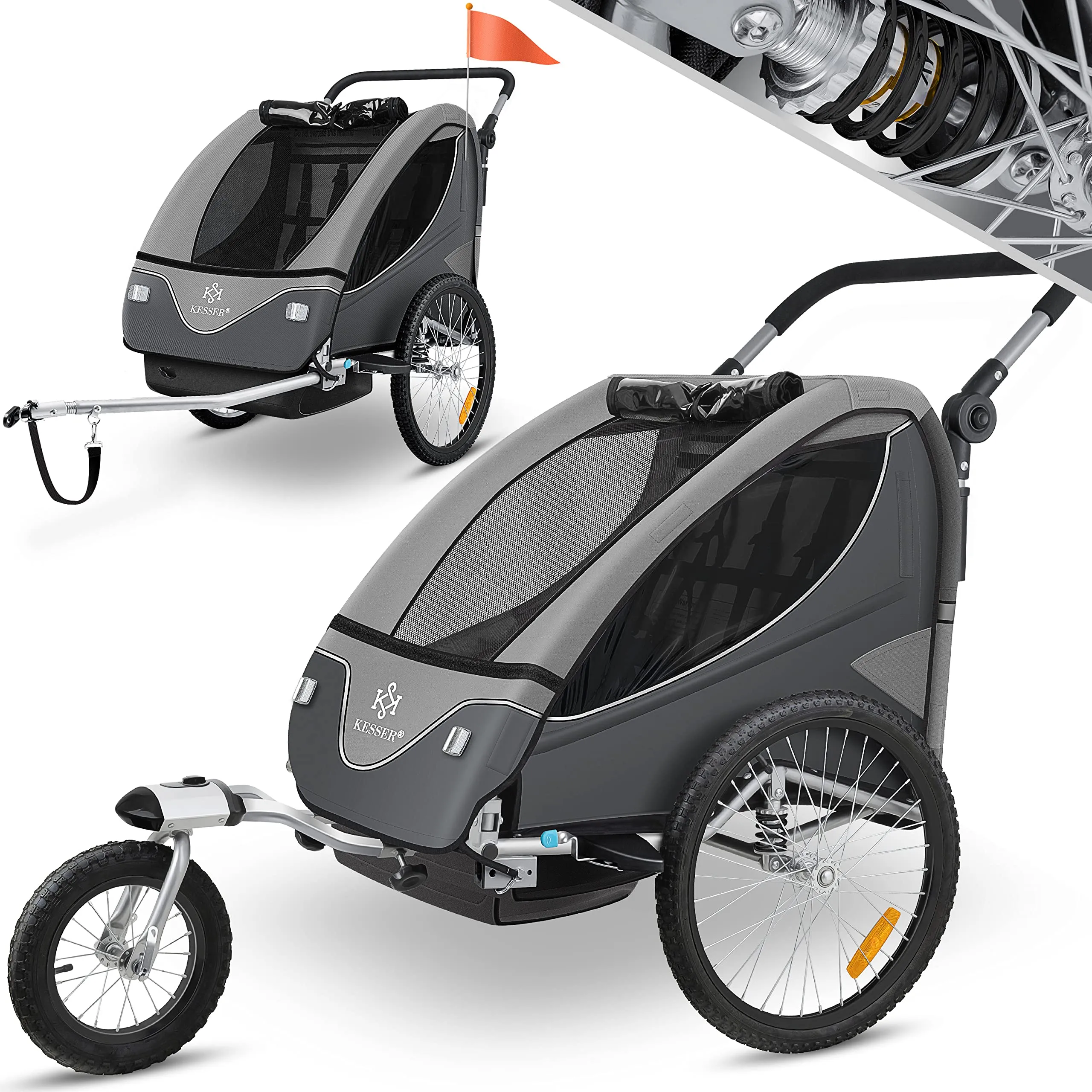 KESSER® Rimorchio per Bambini, ruotabile a 360°, con Sospensioni, 2in1 - Funzione Jogger/Rimorchio, Cintura a 5 punti, per 1 o 2 Bambini/max. 40kg, Grigio Chiaro
