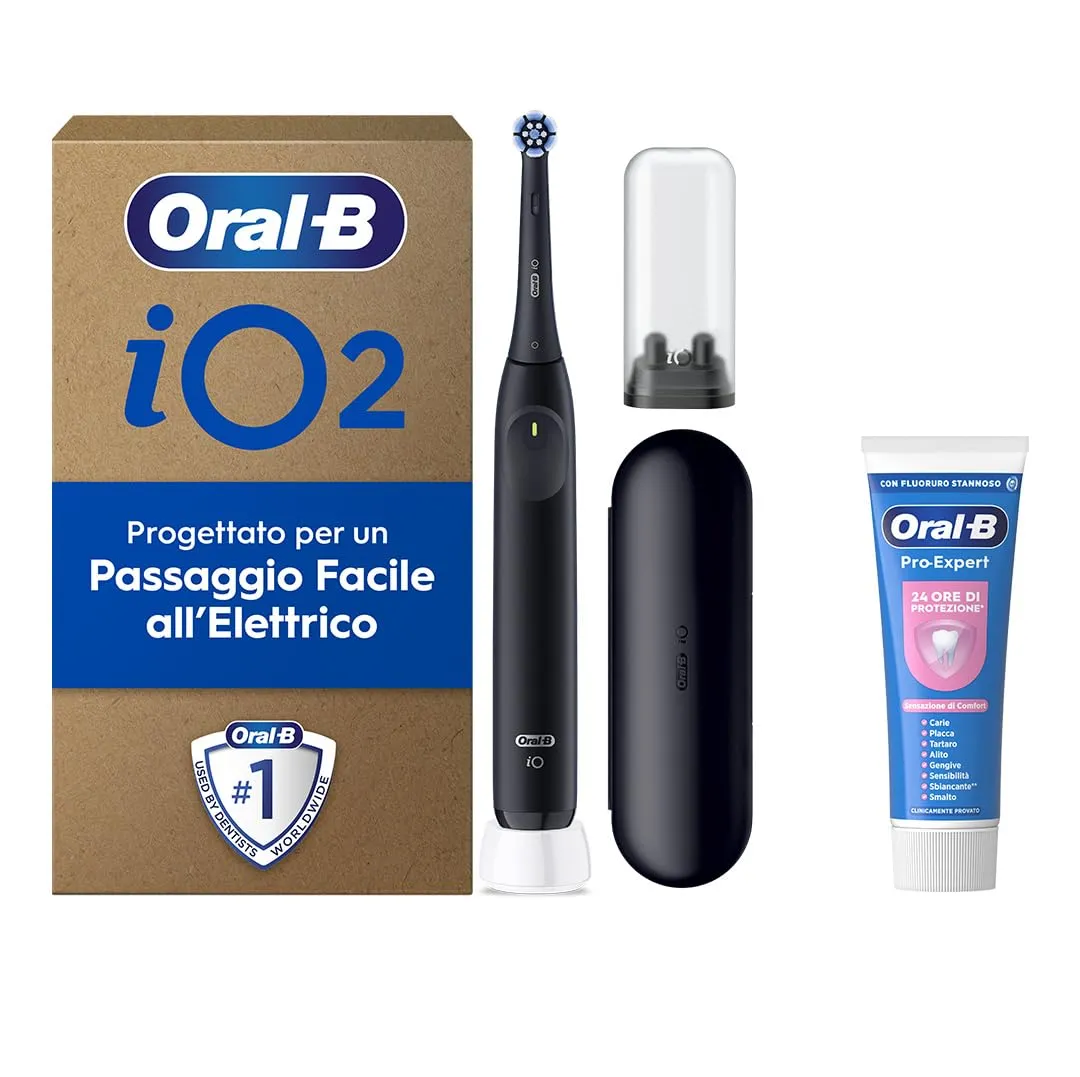Oral-B Spazzolino Elettrico Ricaricabile iO 2 Nero, 1 Spazzolino Elettrico, 1 Testina Di Ricambio, Custodia Da Viaggio, Supporto per testine + 1 Dentifricio Oral-B Pro-Expert, Pulizia Denti