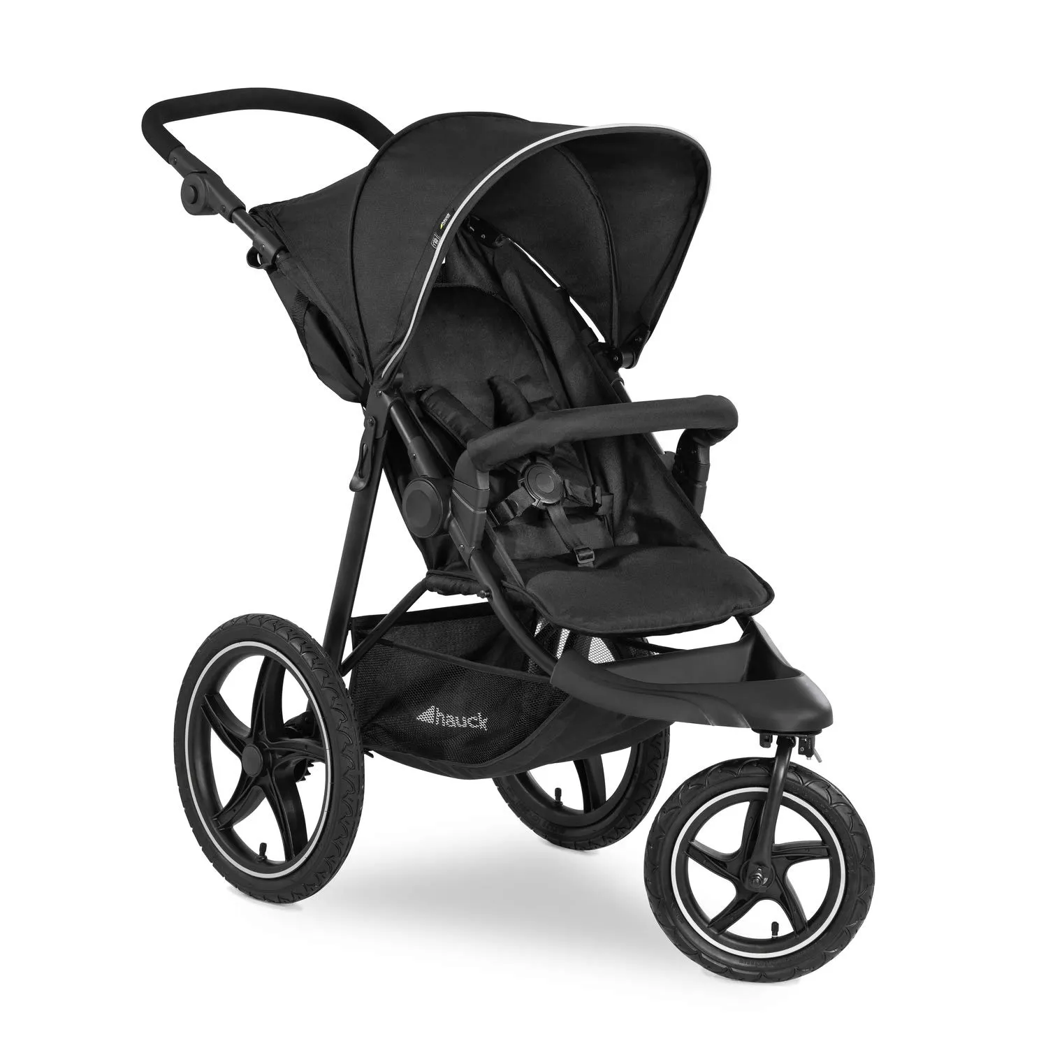 hauck Passeggino 3 Ruote Runner 2 - Con Ruote XL Grandi Ad Aria, Leggero 22 kg Portata, Reclinabile, Regolabile - Cappotta UPF 50+, Cesto XL Fino a 3kg, Pieghevole - Nero