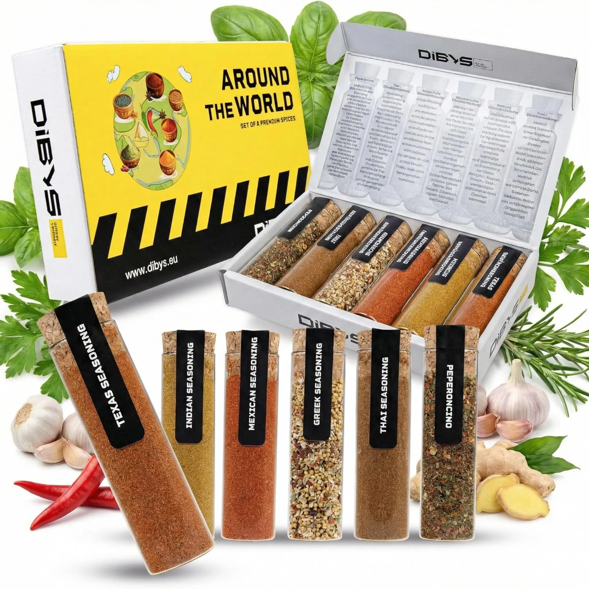 DIBYS Set Regalo di Spezie da Tutto il Mondo | 6 Eccezionali Mischioni di Spezie con Ricette Incluse | Confezione Regalo di Spezie | Regali per Gourmet e Appassionati di Cucina