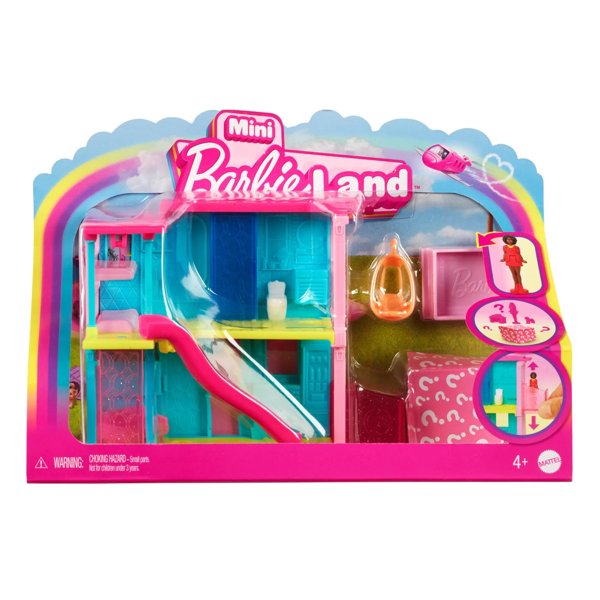 Barbie Mini BarbieLand - Mini Casa dei sogni 2, playset con bambola Barbie da 3,8 cm a sorpresa, mobili, accessori, ascensore e piscina inclusi, giocattolo per bambini, 4+ anni, HYF46