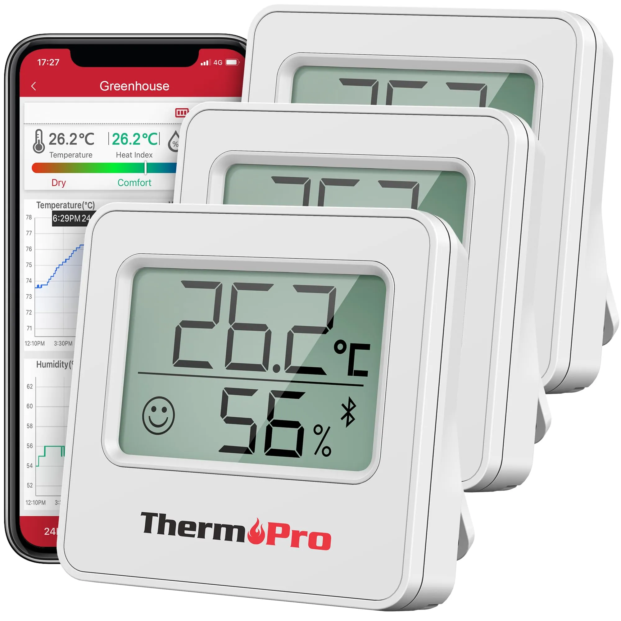 ThermoPro TP357 Termometro per Ambienti Interni Bluetooth Igrometro Misuratore di Umidità e Monitor Della Temperatura con APP Intelligente e Registrazione dei Dati per Camera del Bambino 3 pezzi