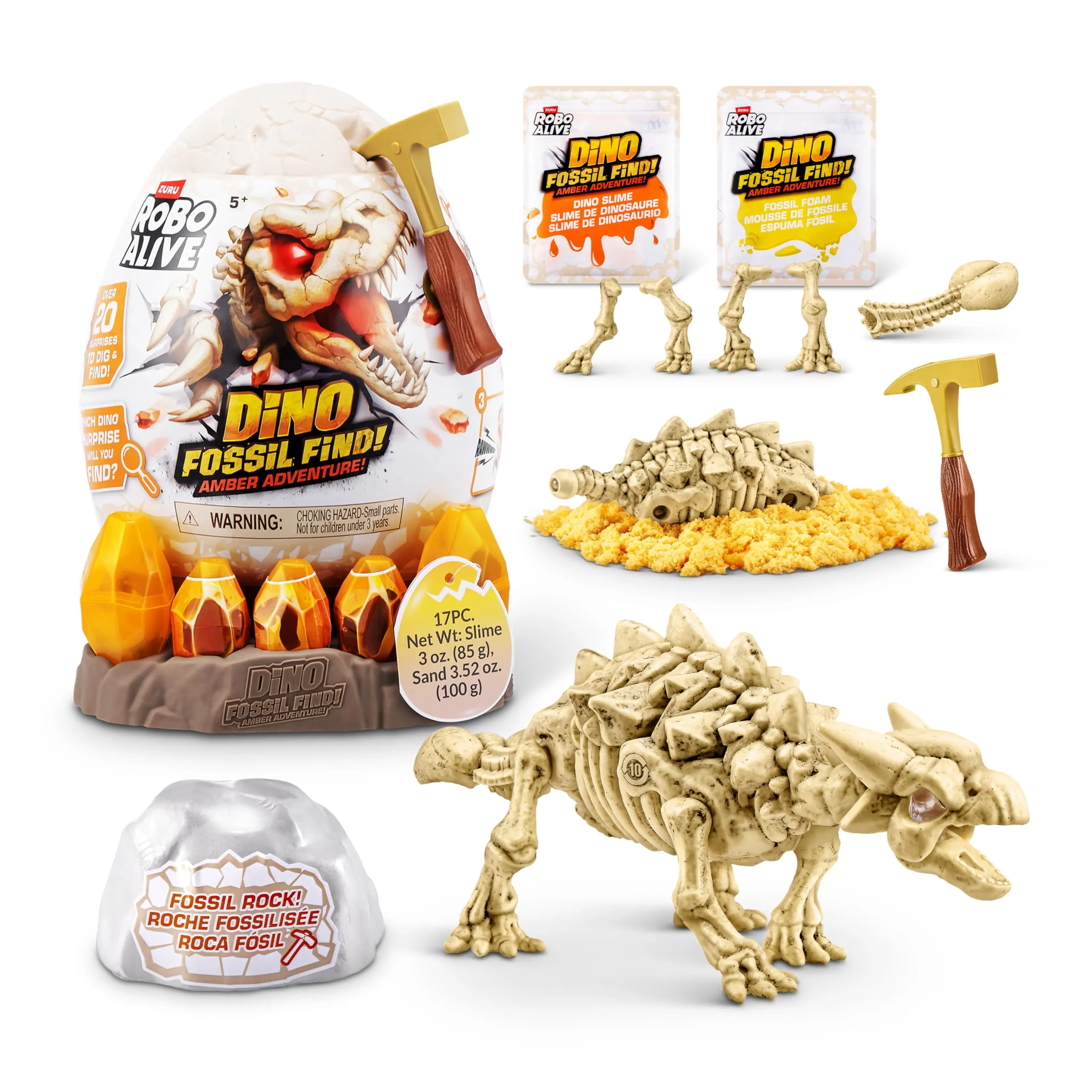 ROBO ALIVE Fossil Find Amber Adventure di ZURU, scatola da scoprire e dinosauro giocattolo per bambini (Ankylosaurus)