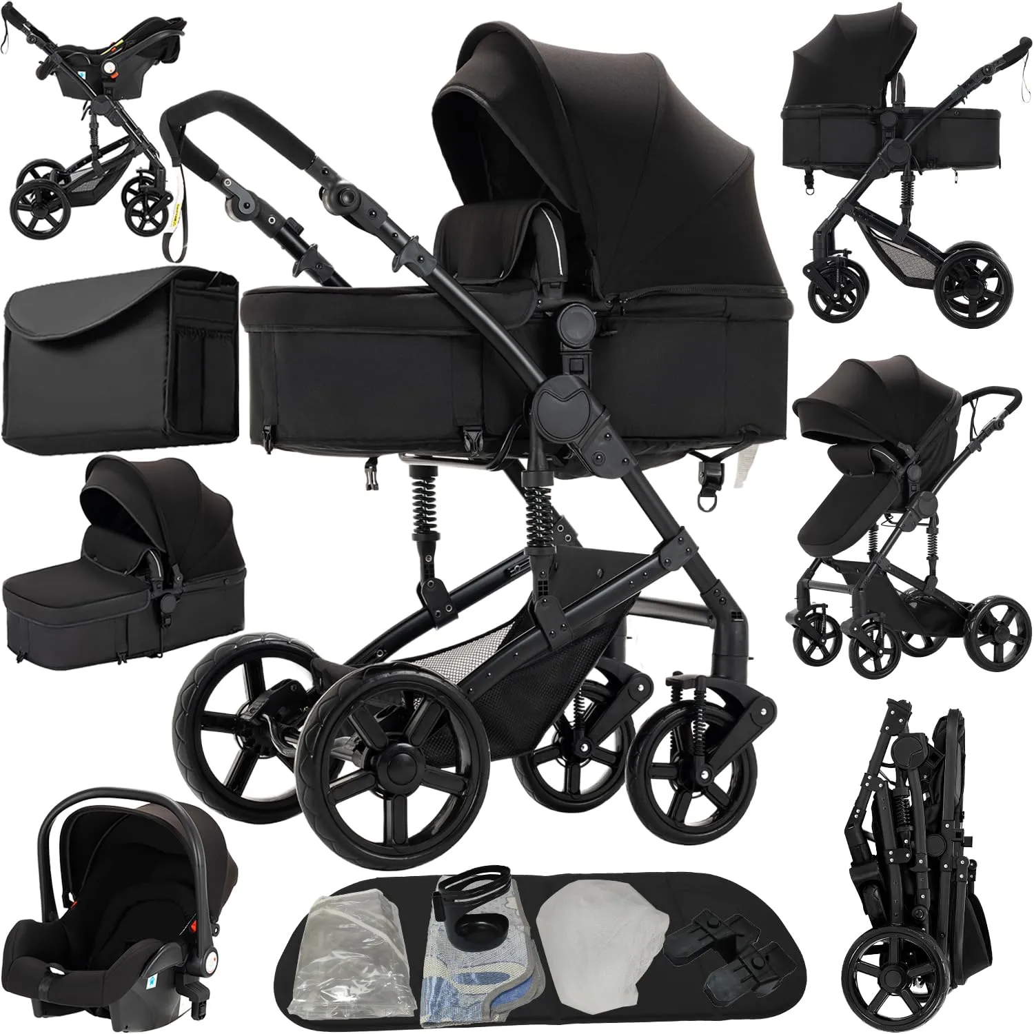 Reenborn Passeggino Trio, Passeggino 3 in 1 con Due Modi Reversibili Spingere, Trio con Design Pieghevole in Un Clic, Trio Passeggino Neonati con Telaio Alluminio Paesaggistico Alto (588 Black)