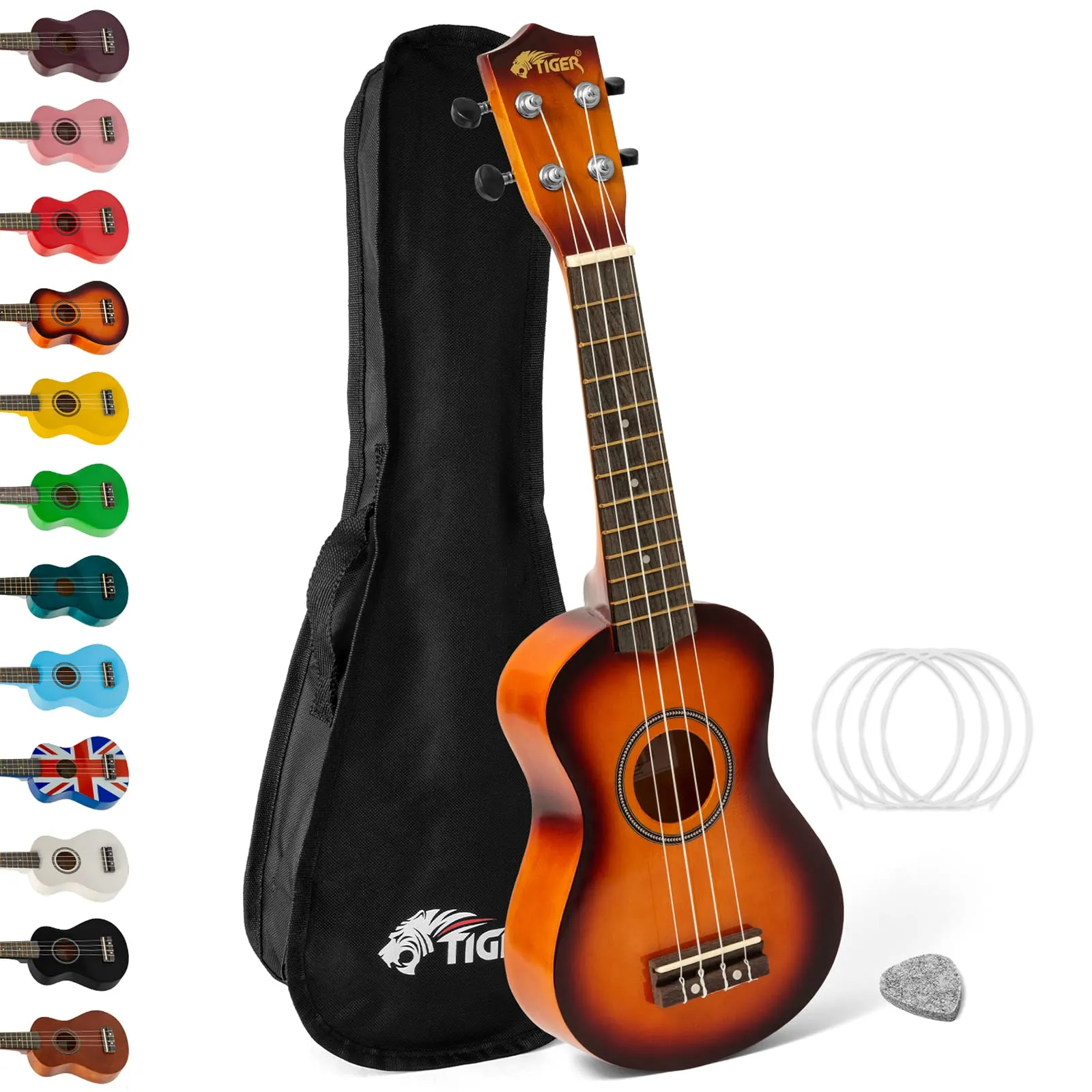 TIGER Uke7-Sb Ukulele Soprano per Principianti Include Custodia Gig, Plettro In Feltro, Set Di Corde Di Ricambio, Ukulele e Borsa, Marrone (Sunburst)